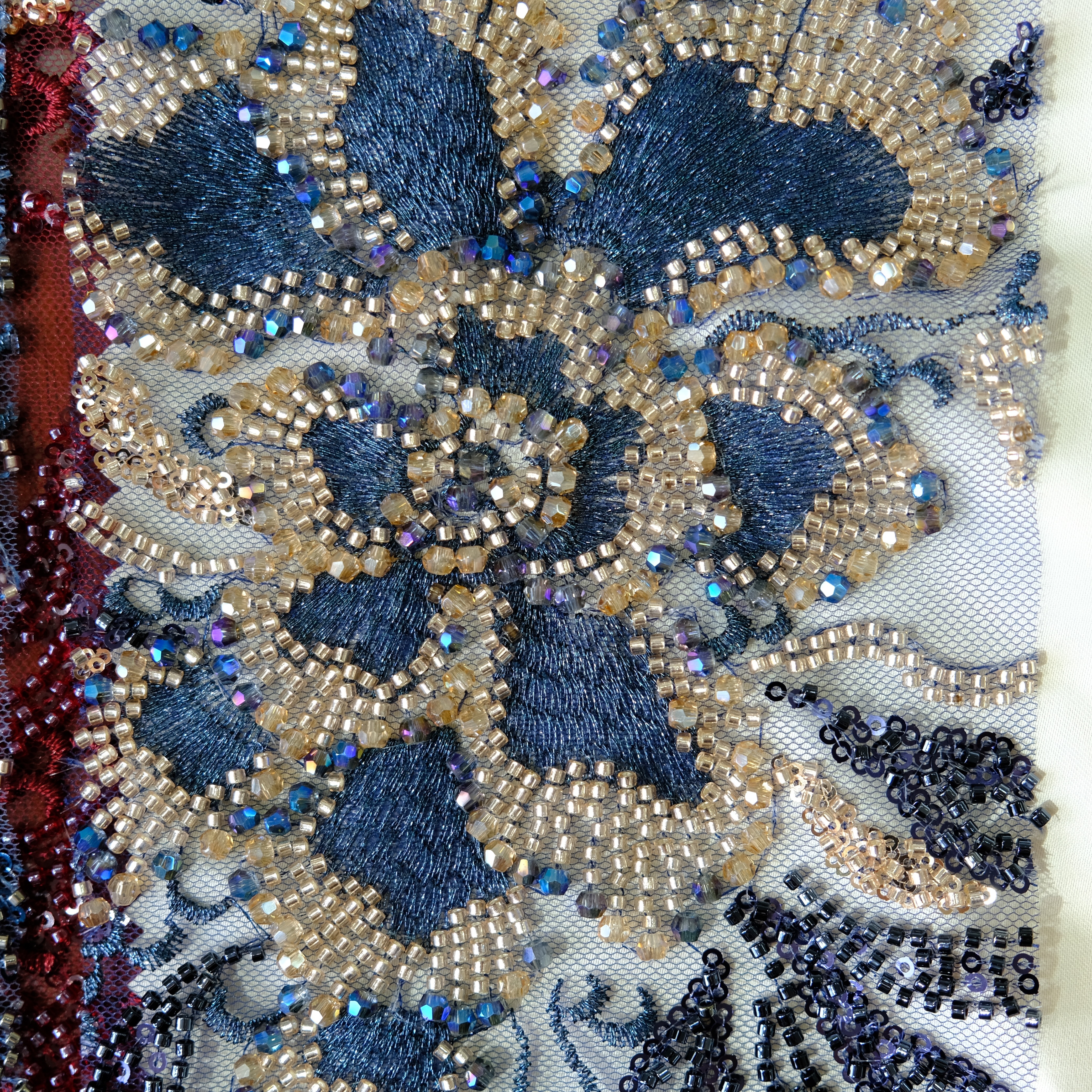 Willow Floral Beaded Embroidery Fabric in NavyGolden color