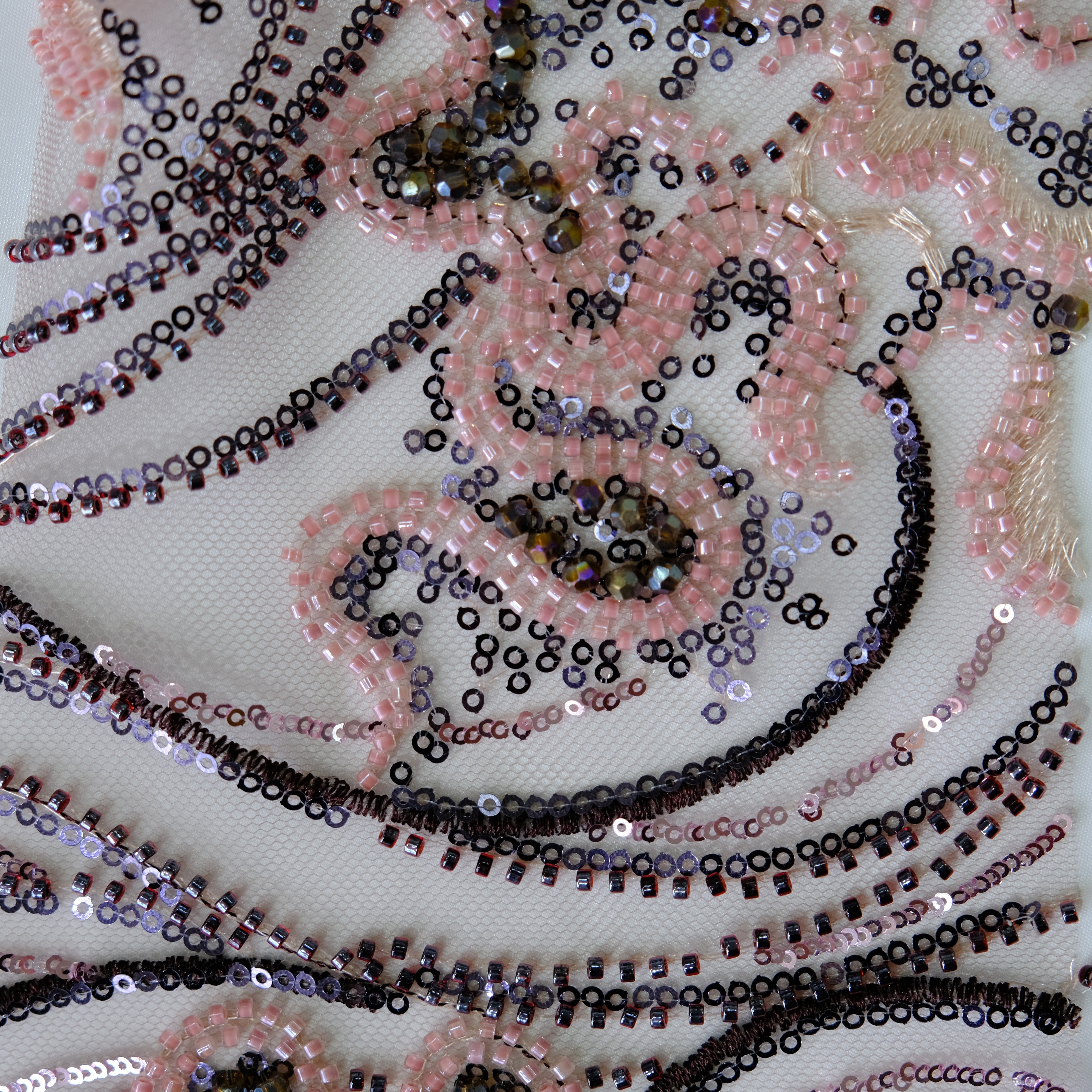 Scroll Wave Floral Beaded Embroidery Fabric in PinkPurple color