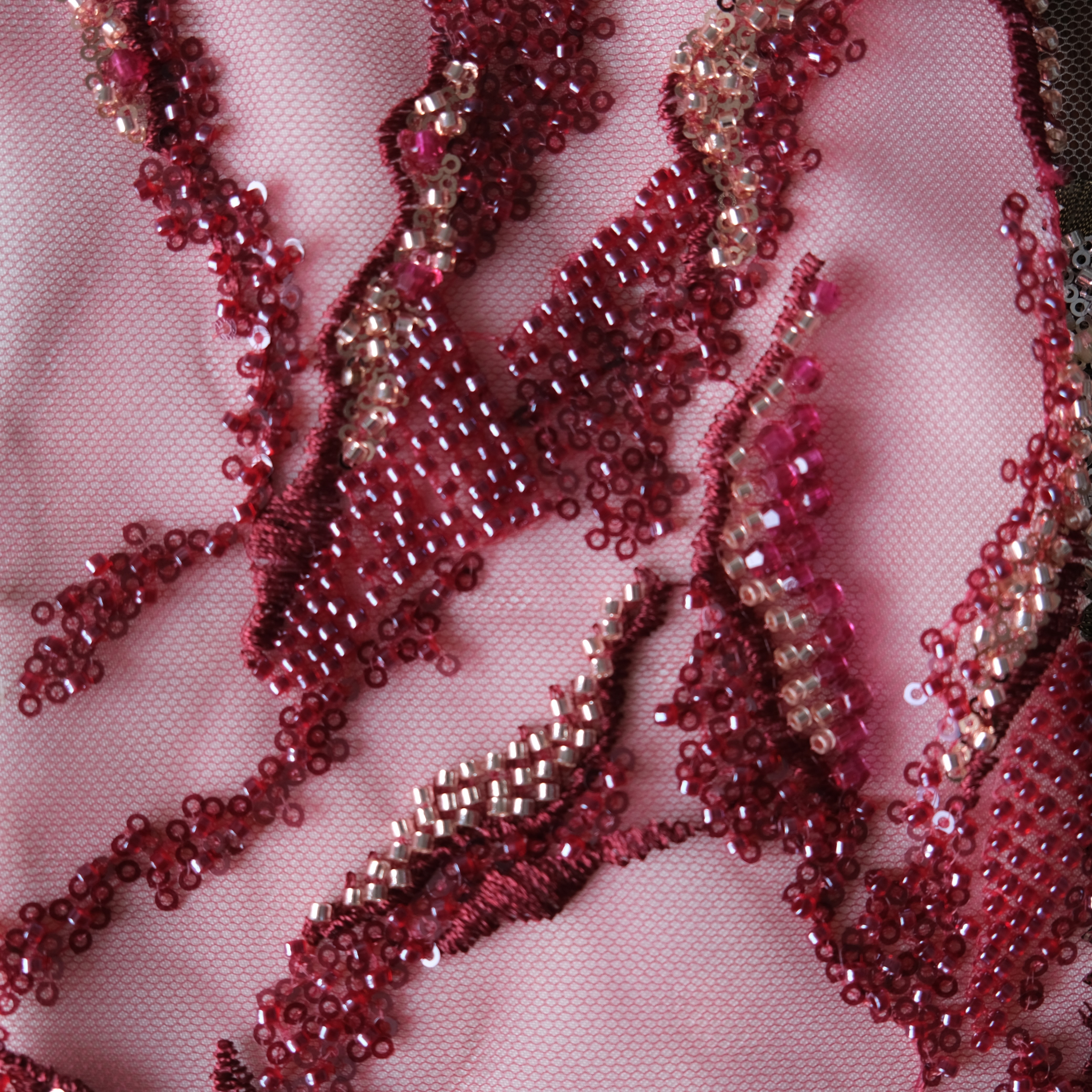 Abstract Reef Beaded Embroidery Fabric in Red color