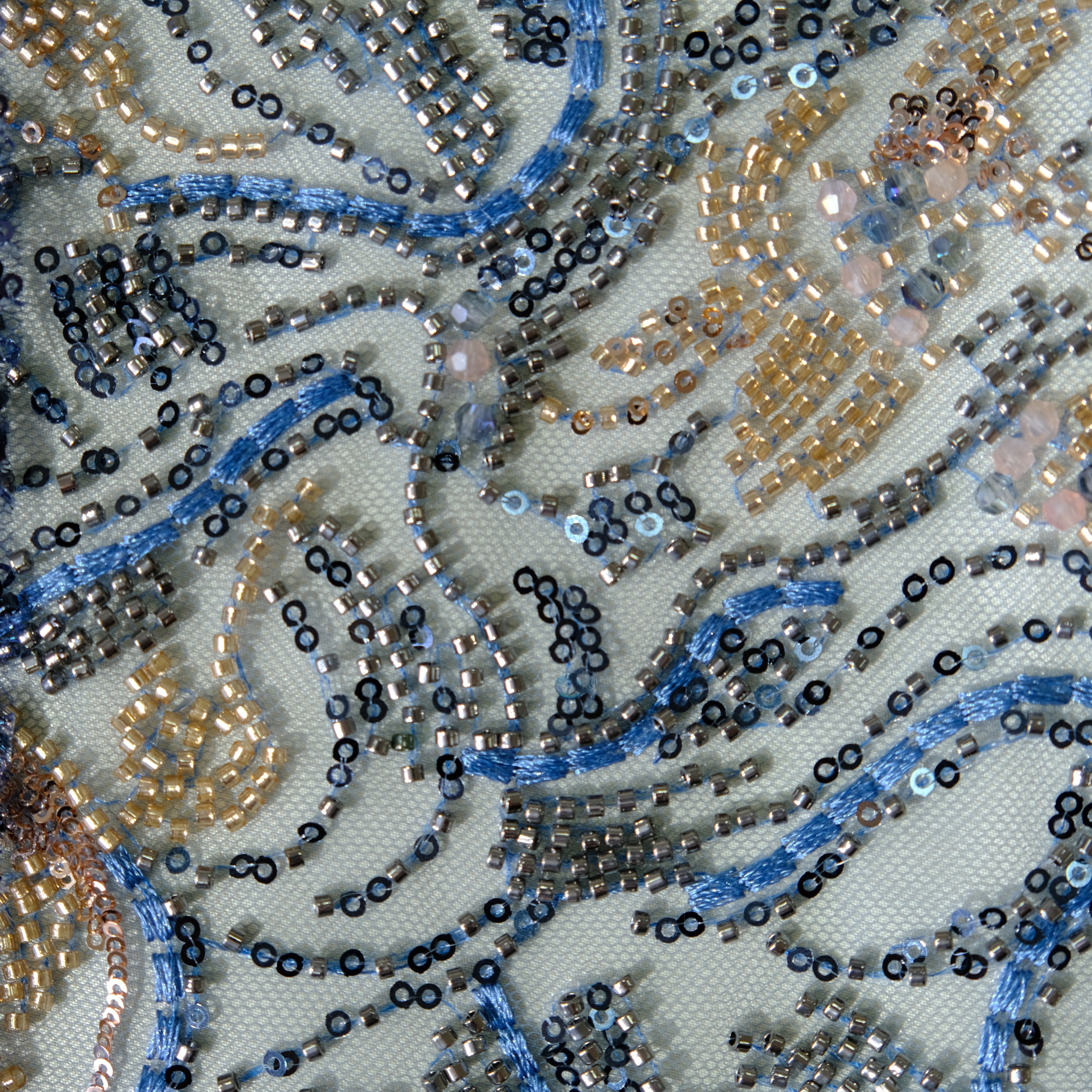 Curly Fern Beaded Embroidery Fabric in Blue color