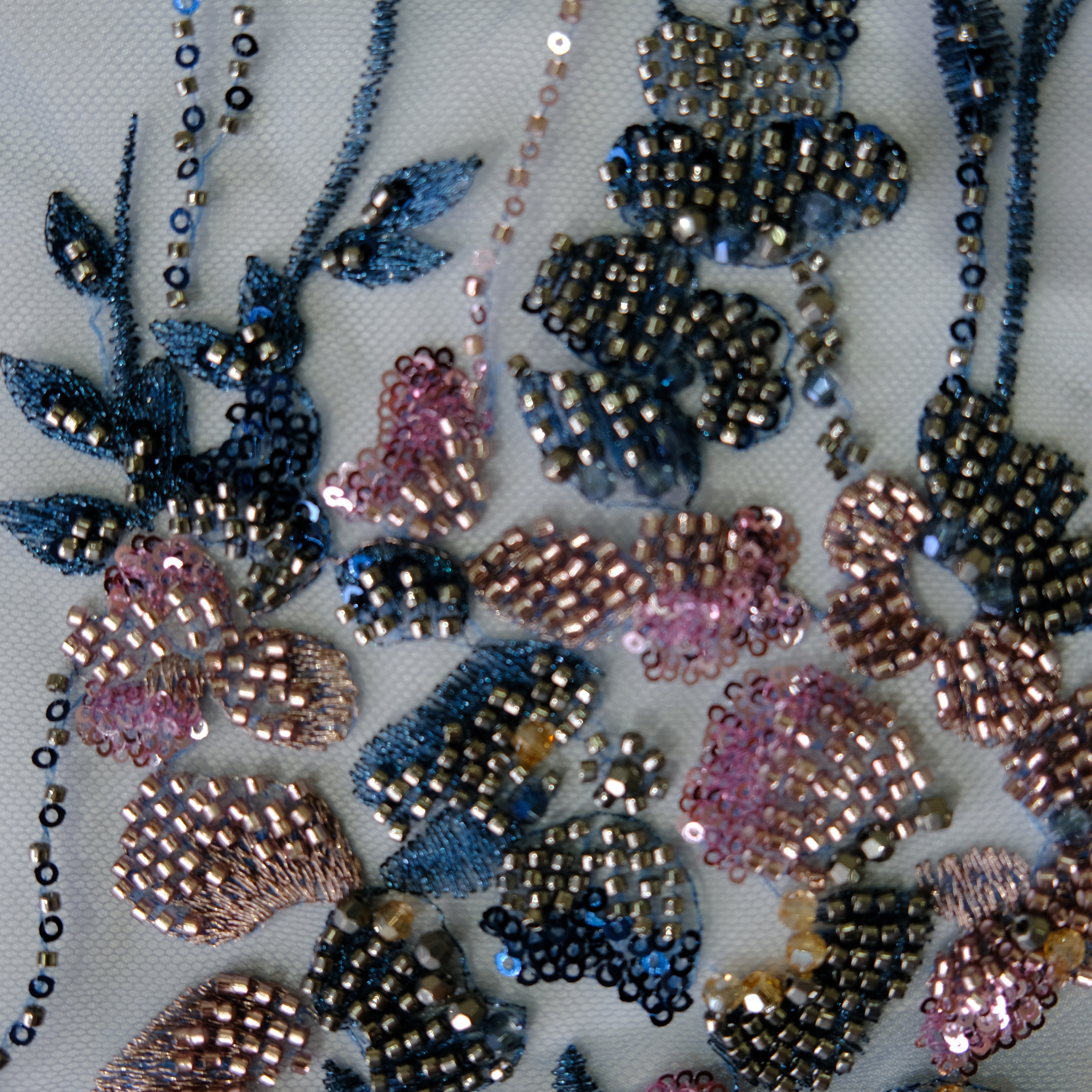 Dropping Blossom Beaded Embroidery Fabric in Blue color