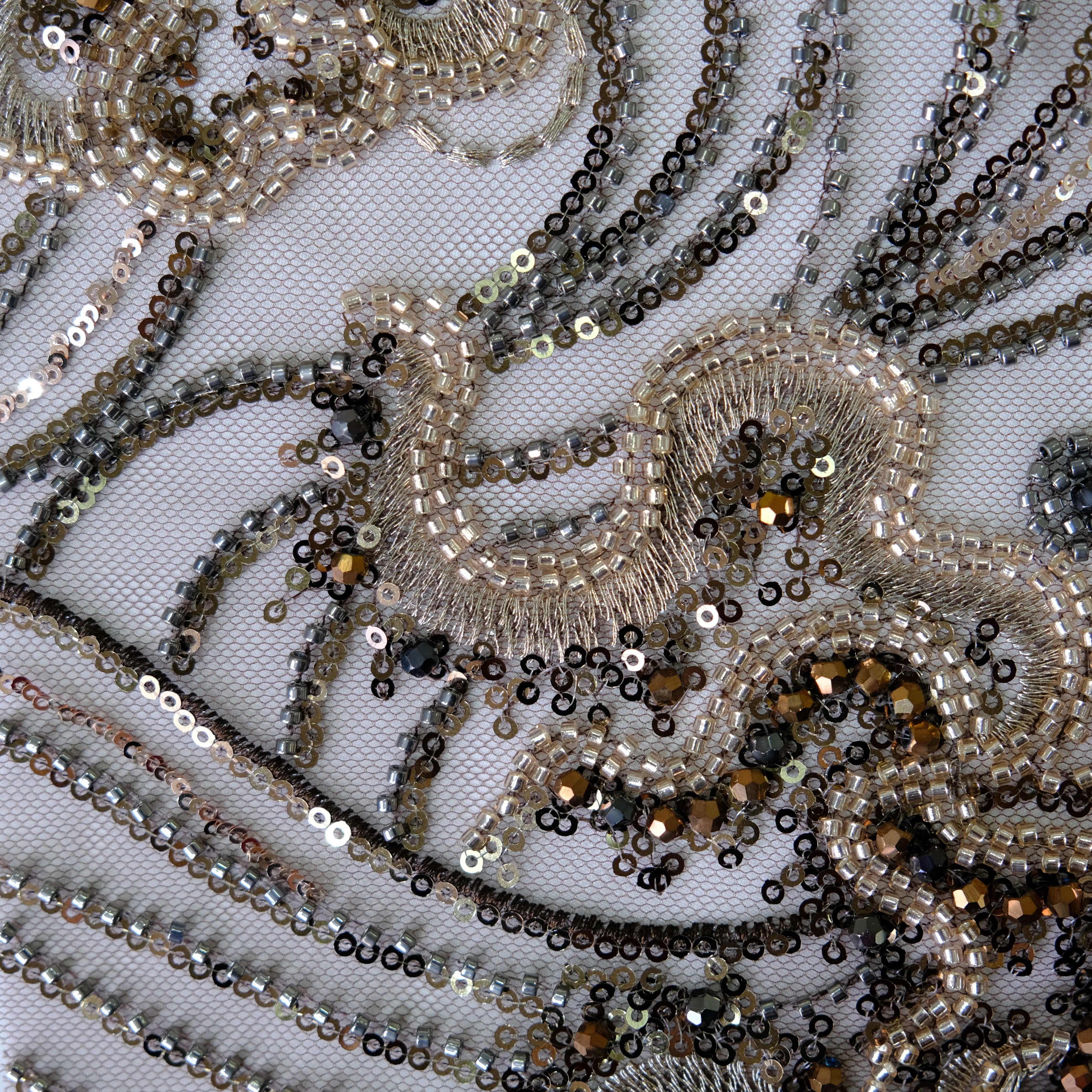 Scroll Wave Floral Beaded Embroidery Fabric in Brown color