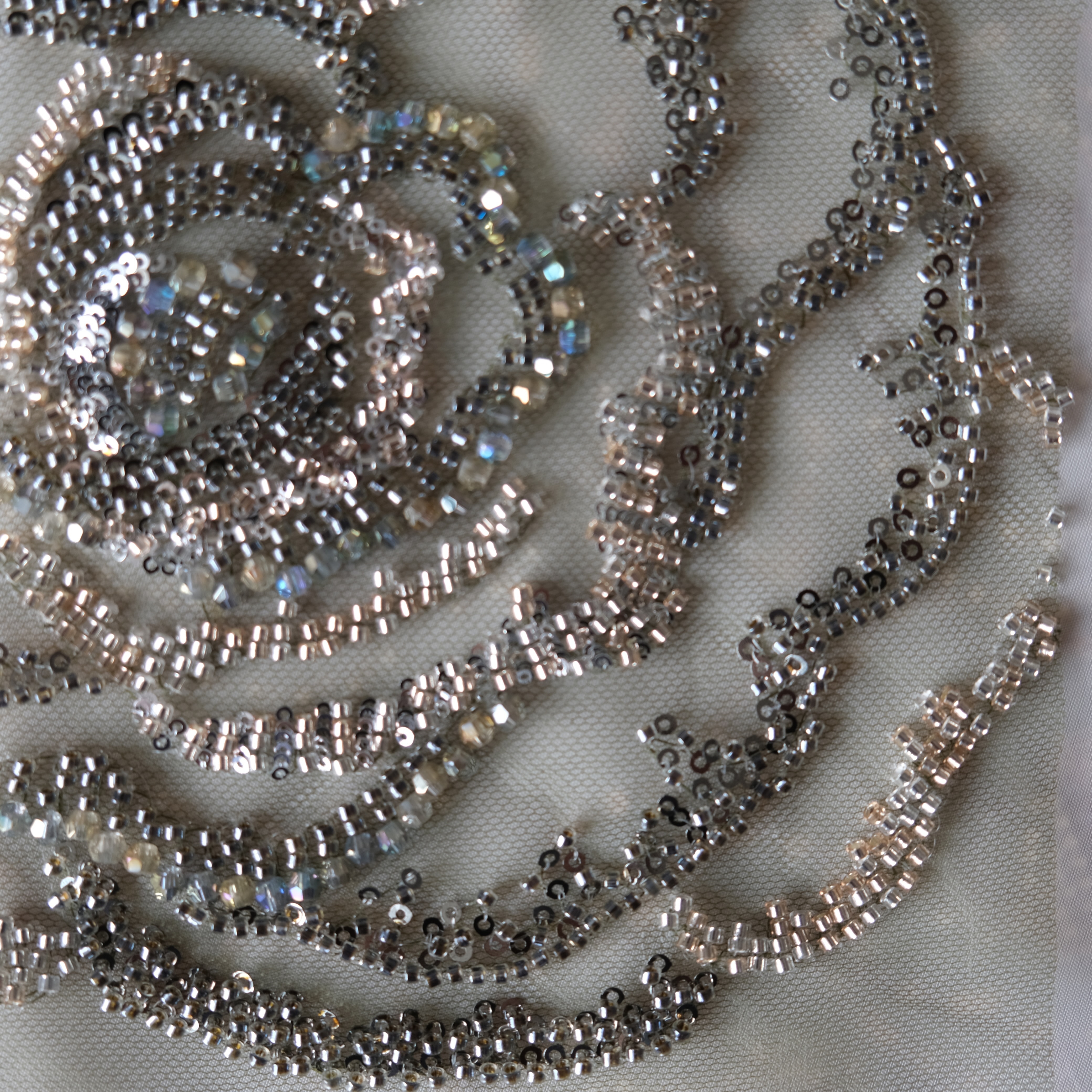 Circular Swirl Beaded Embroidery Fabric in Green color