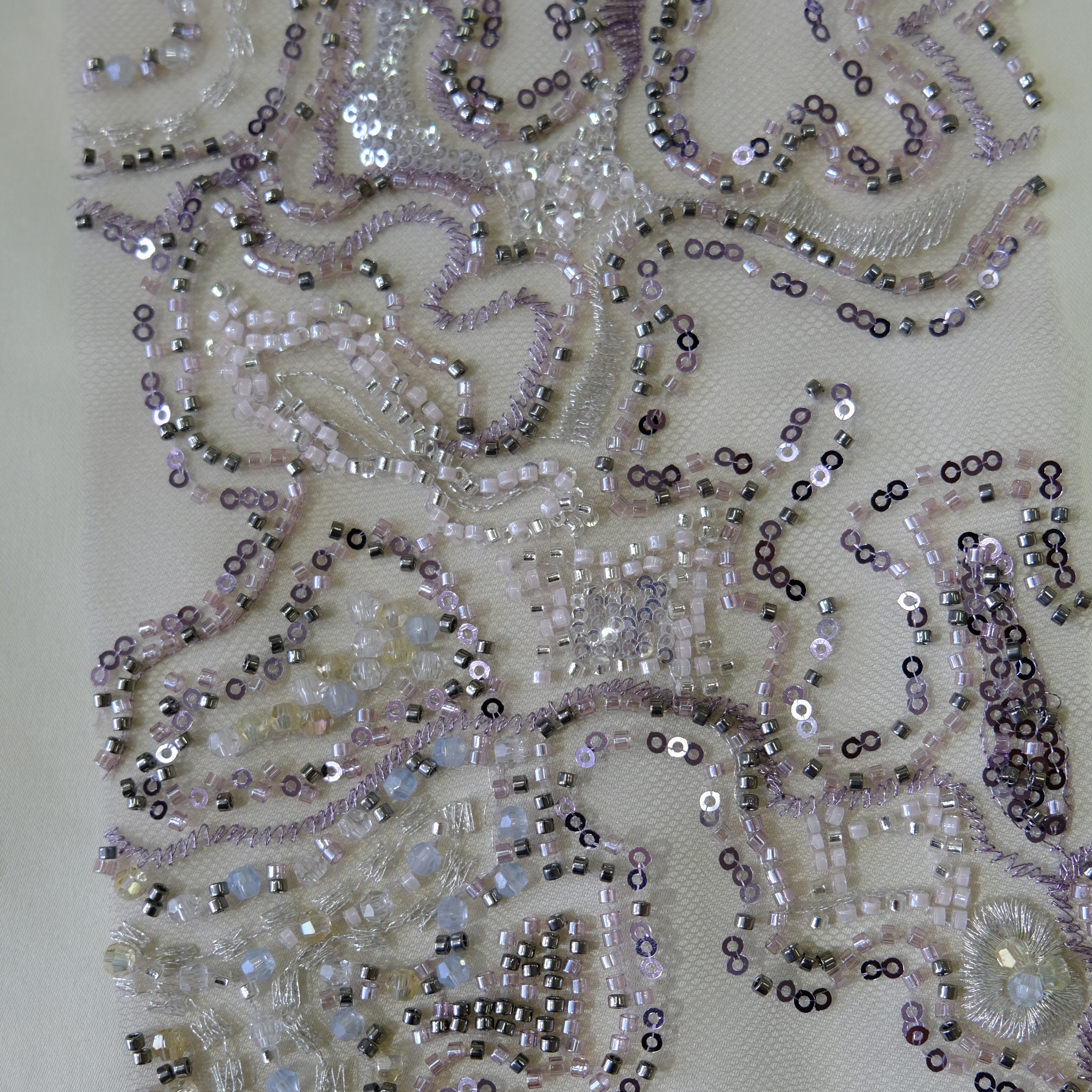Abstract Maze Beaded Embroidery Fabric in LighrPurple color