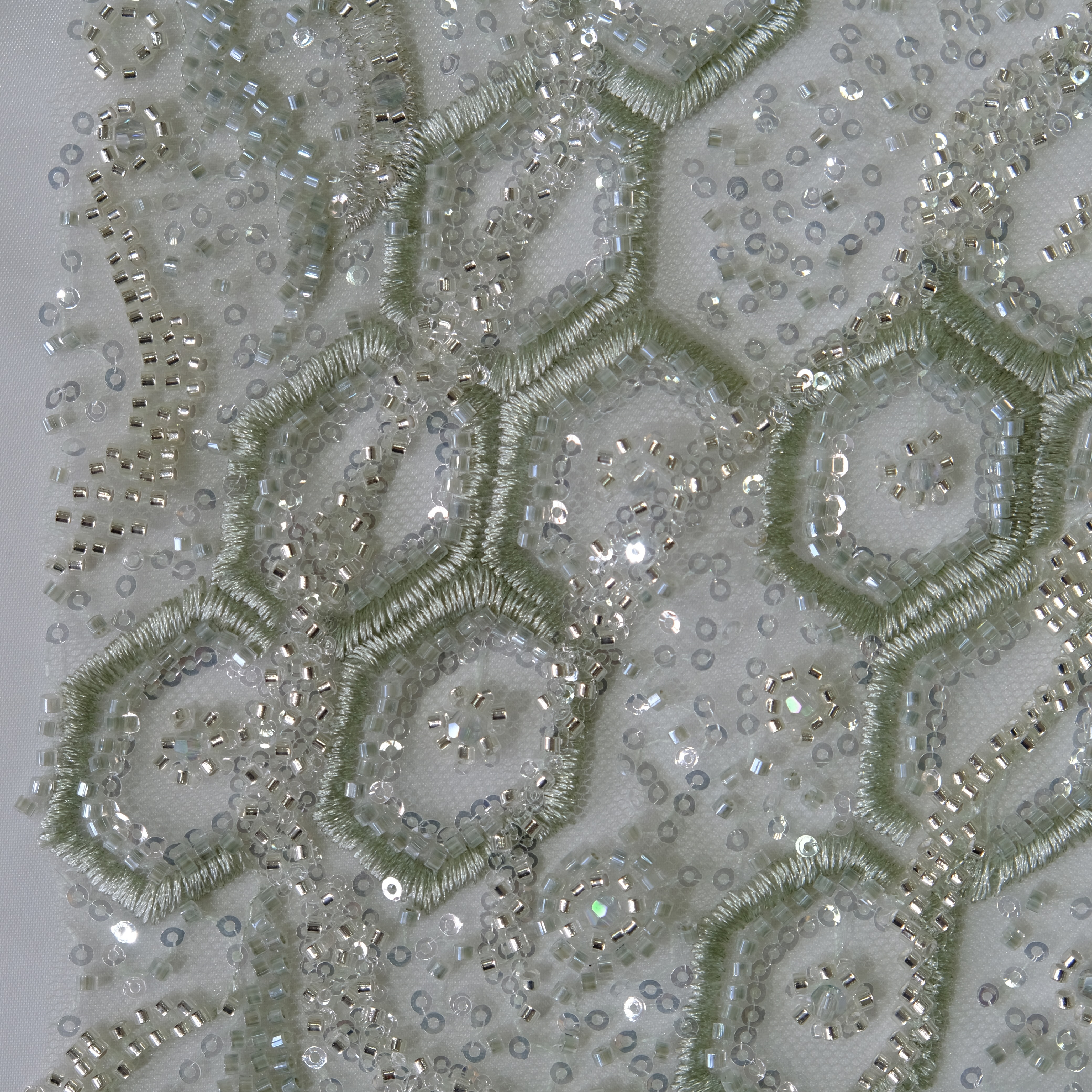 Honeycomb Stream Beaded Embroidery Fabric in LightGreen color