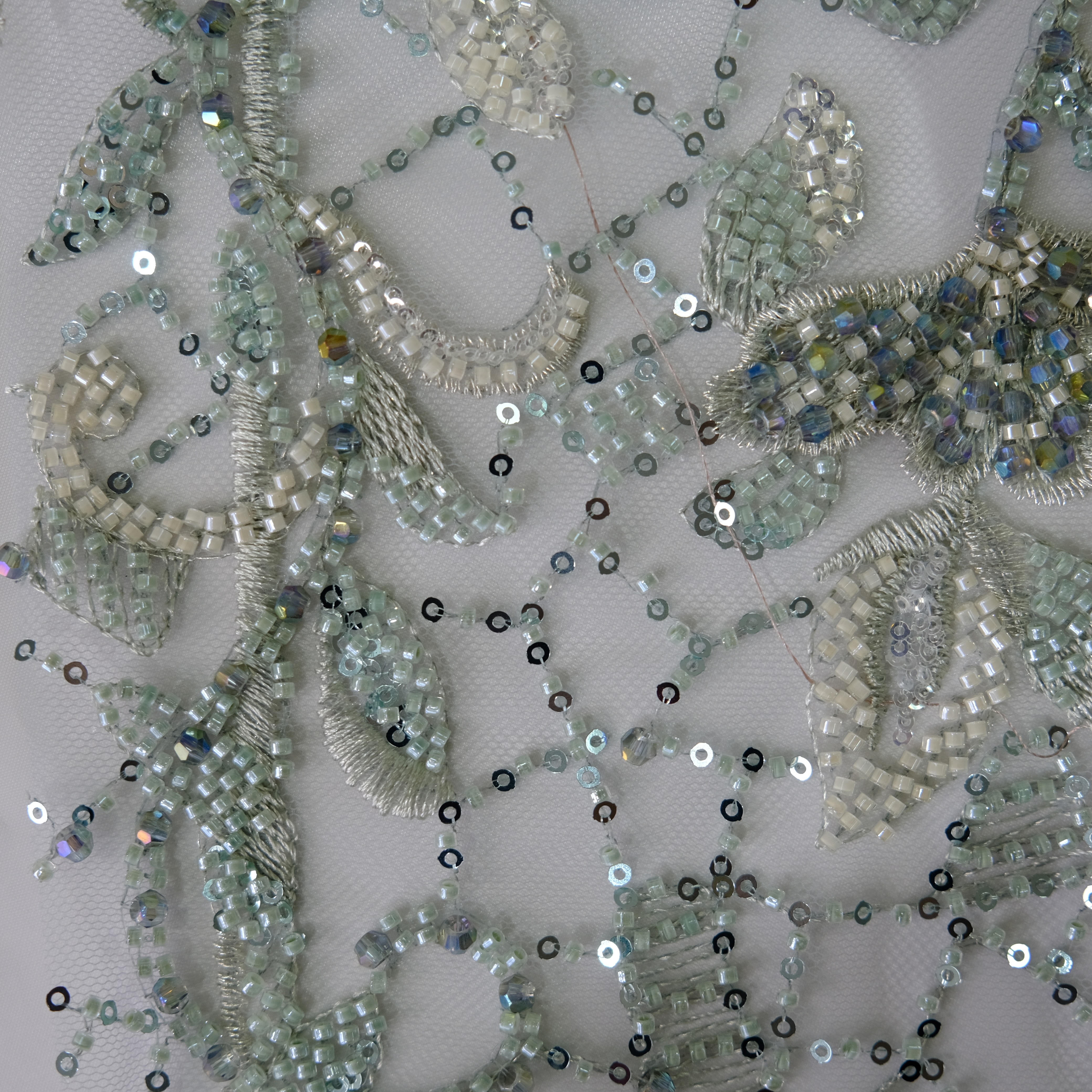 Vine Rose Beaded Embroidery Fabric in MintGreen color