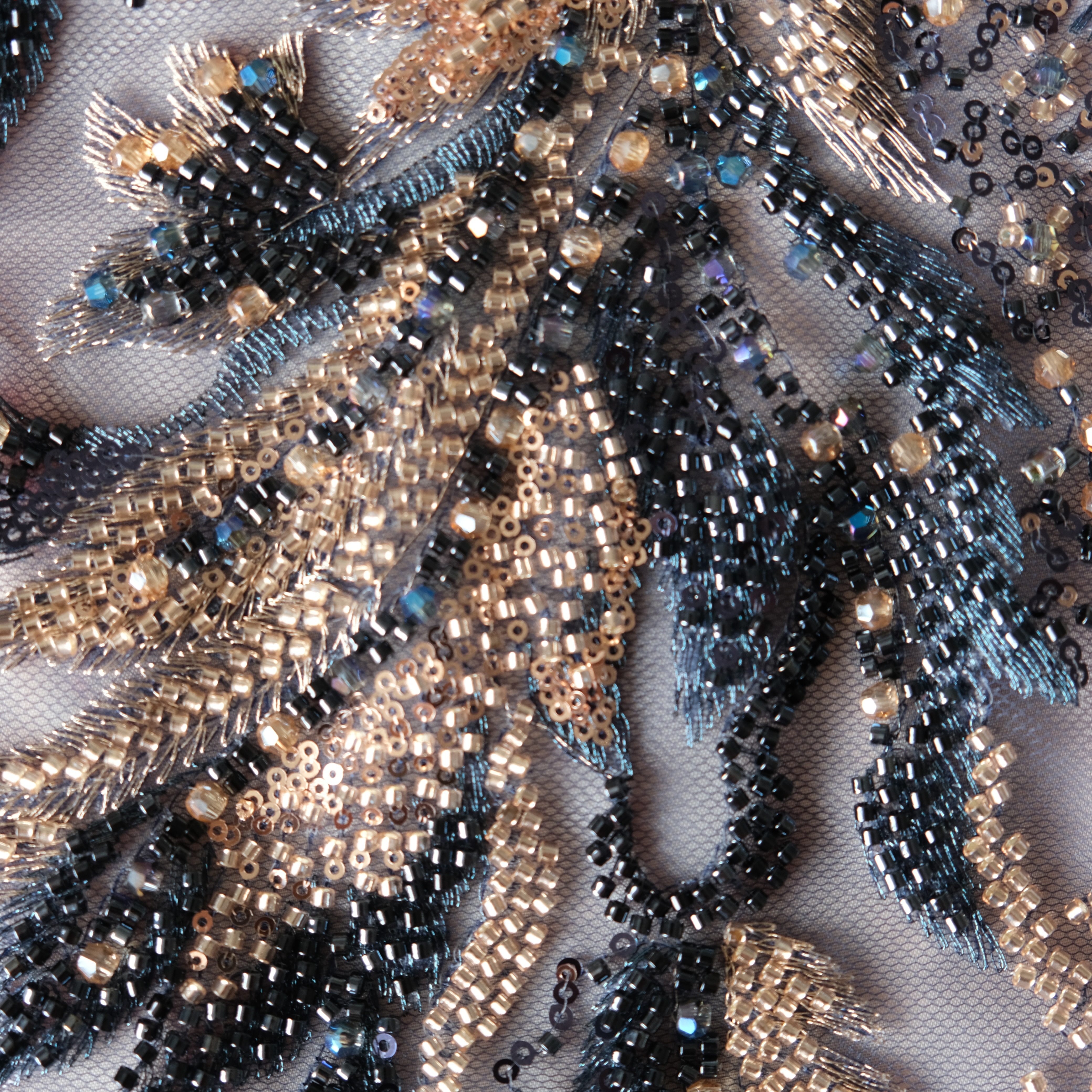 Vertical Fern Frond Beaded Embroidery Fabric in Navy color
