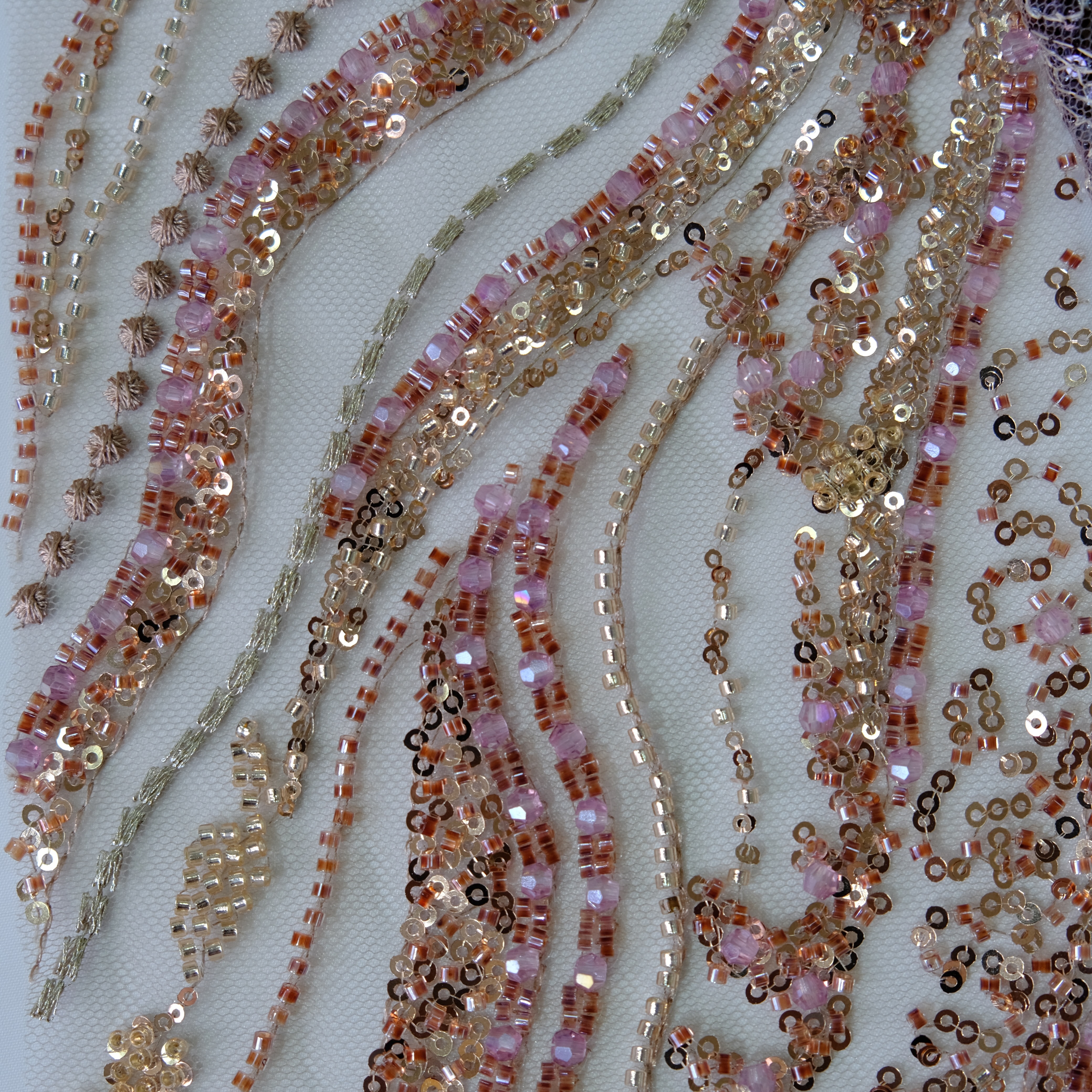 Ripple Stream Beaded Embroidery Fabric in Pink color