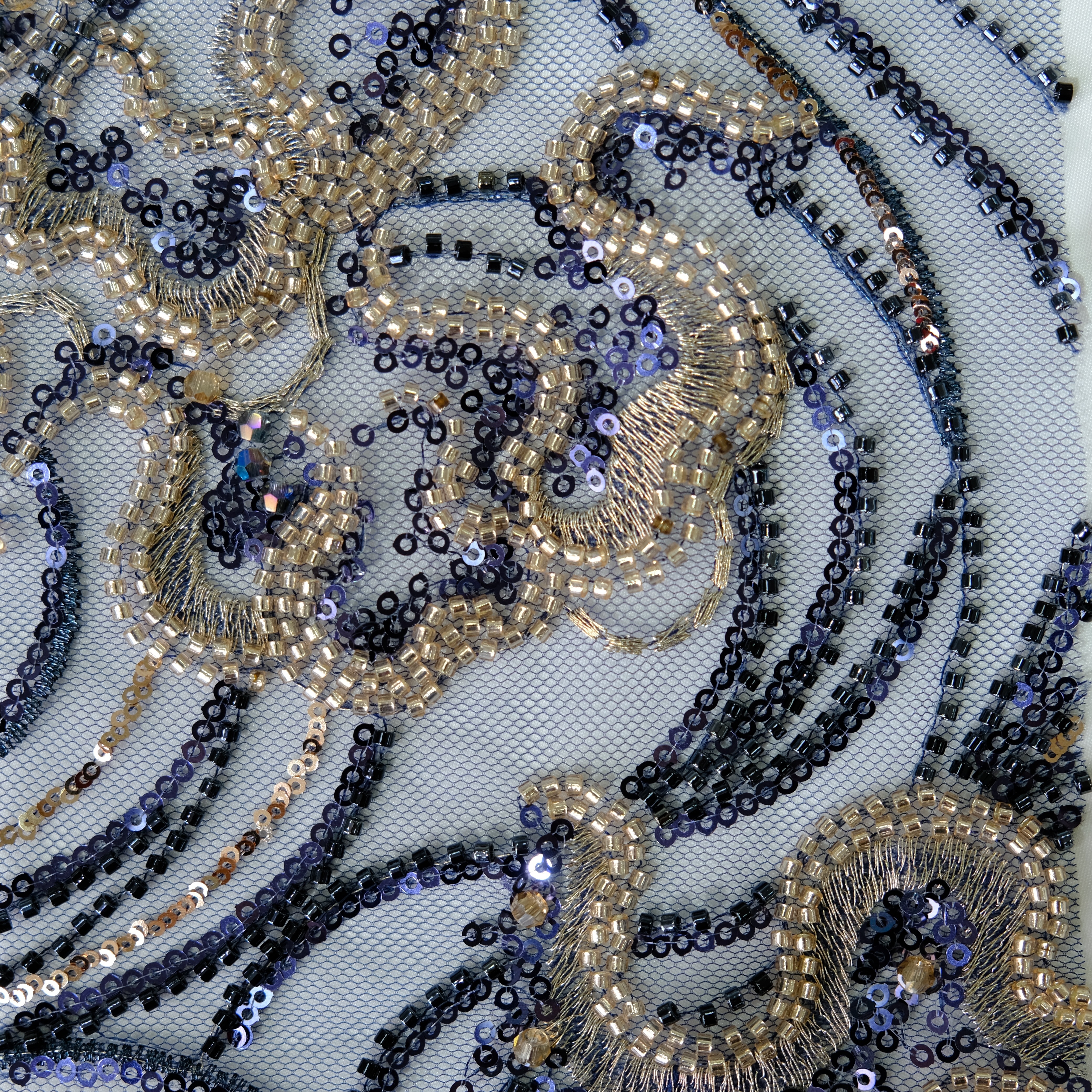 Scroll Wave Floral Beaded Embroidery Fabric in Blue color