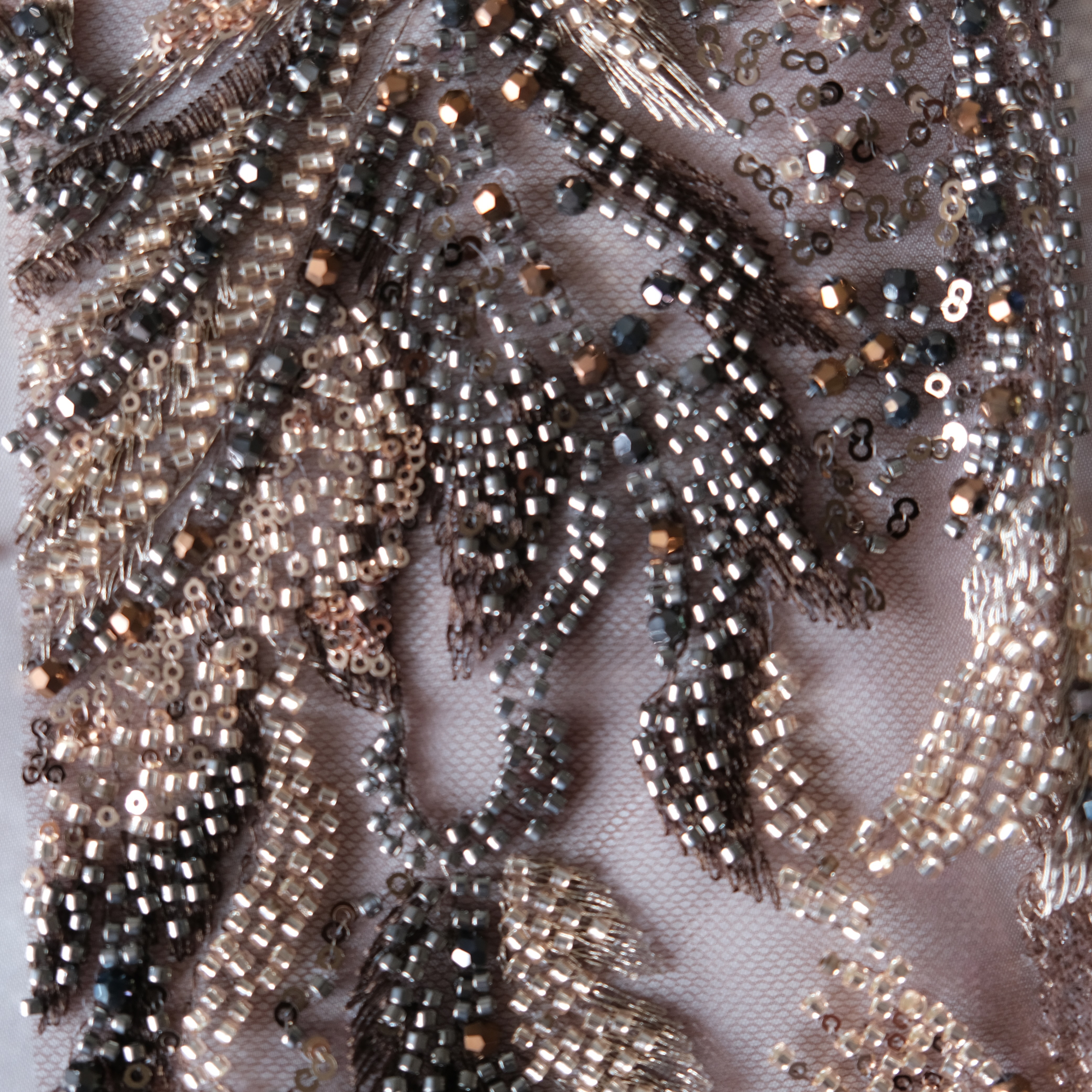 Vertical Fern Frond Beaded Embroidery Fabric in Brown color