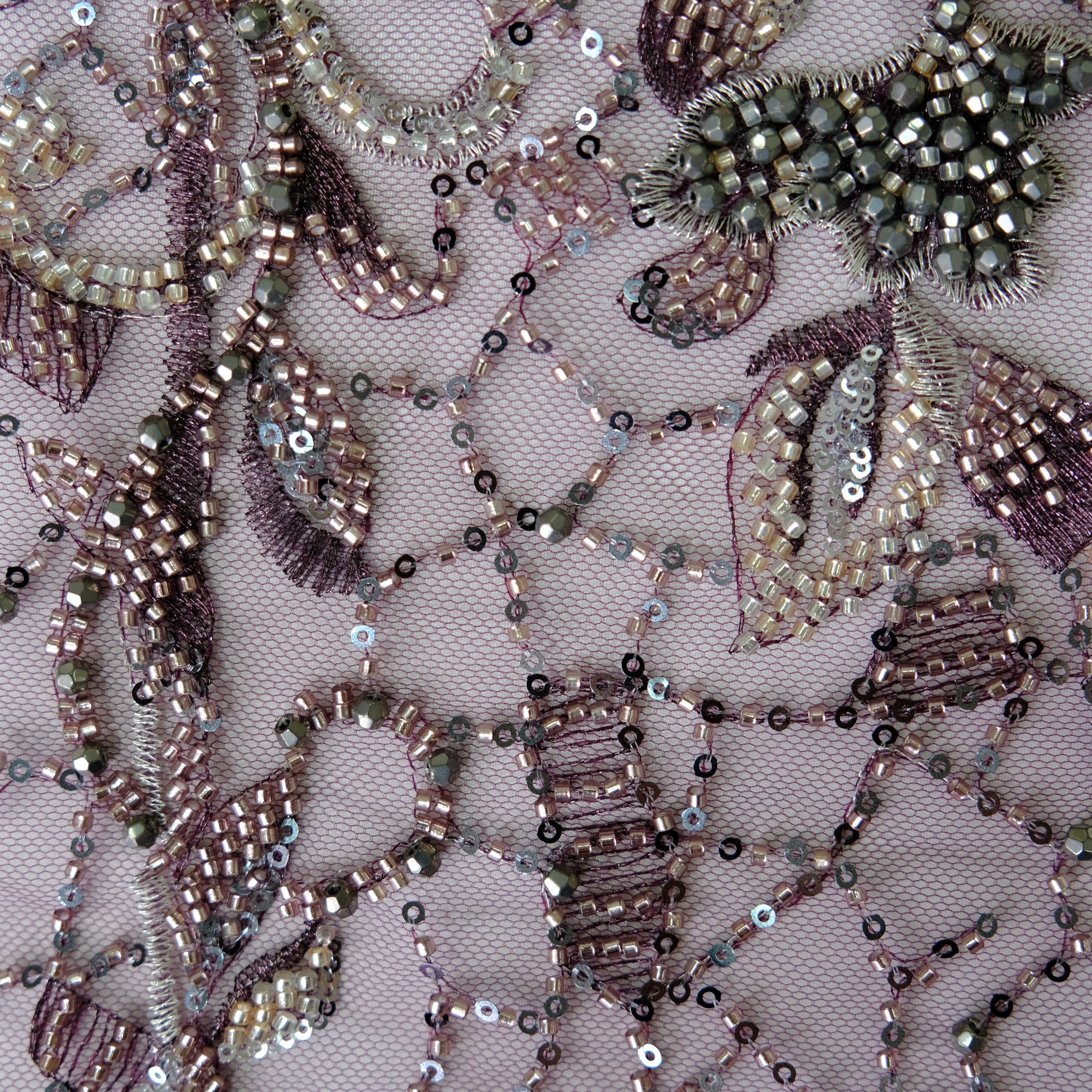 Vine Rose Beaded Embroidery Fabric in DeepPurple color