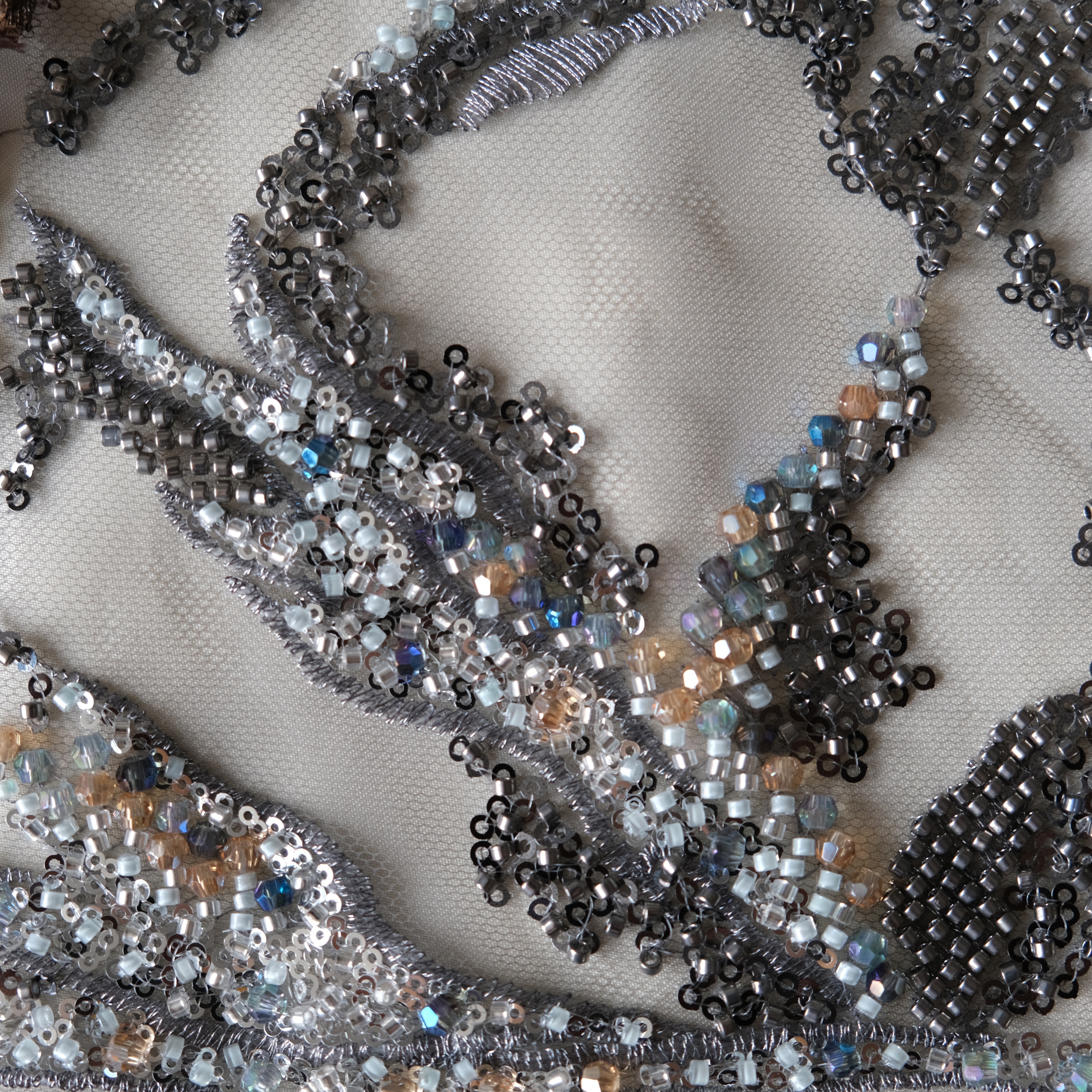 Abstract Reef Beaded Embroidery Fabric in Gray1 color