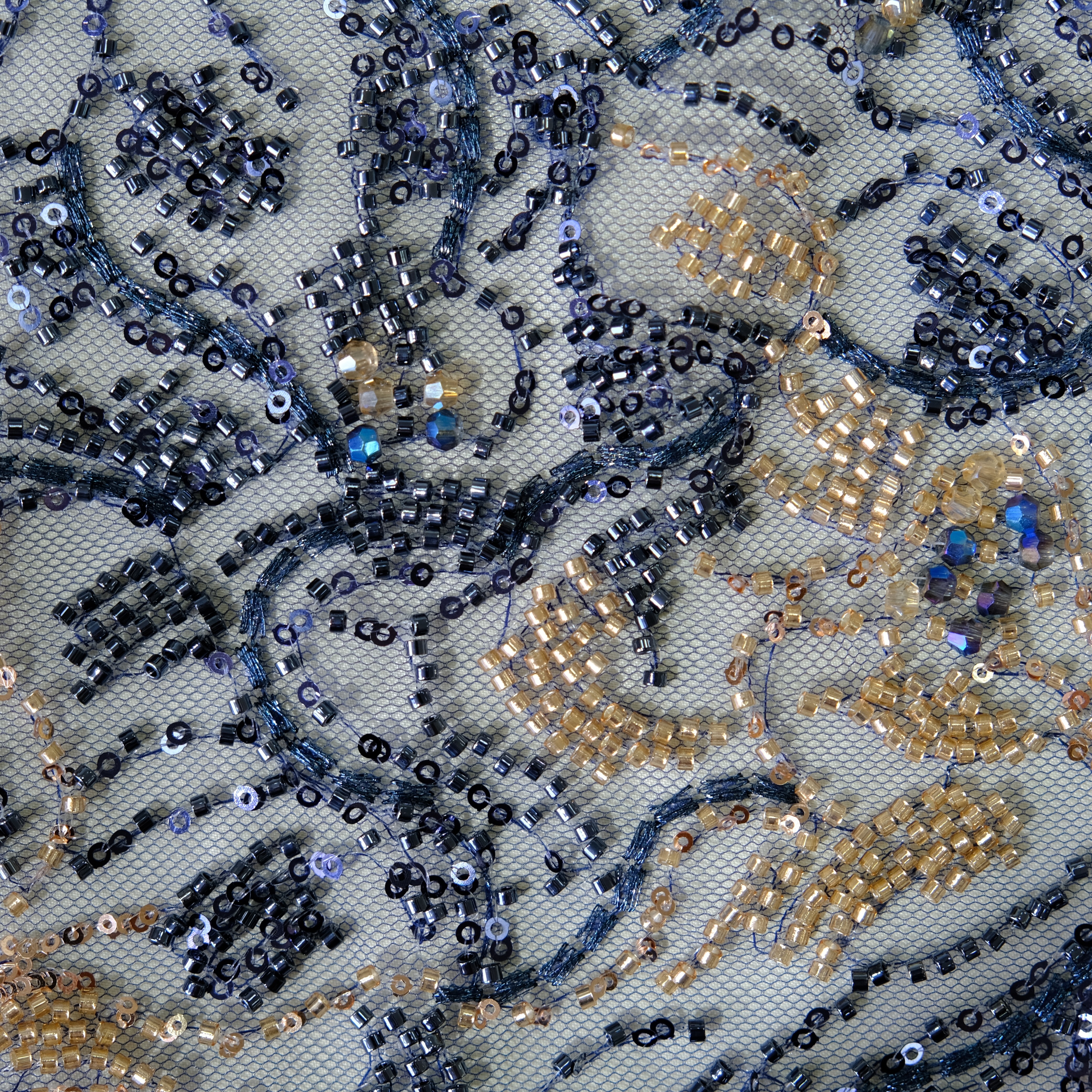 Curly Fern Beaded Embroidery Fabric in Navy color