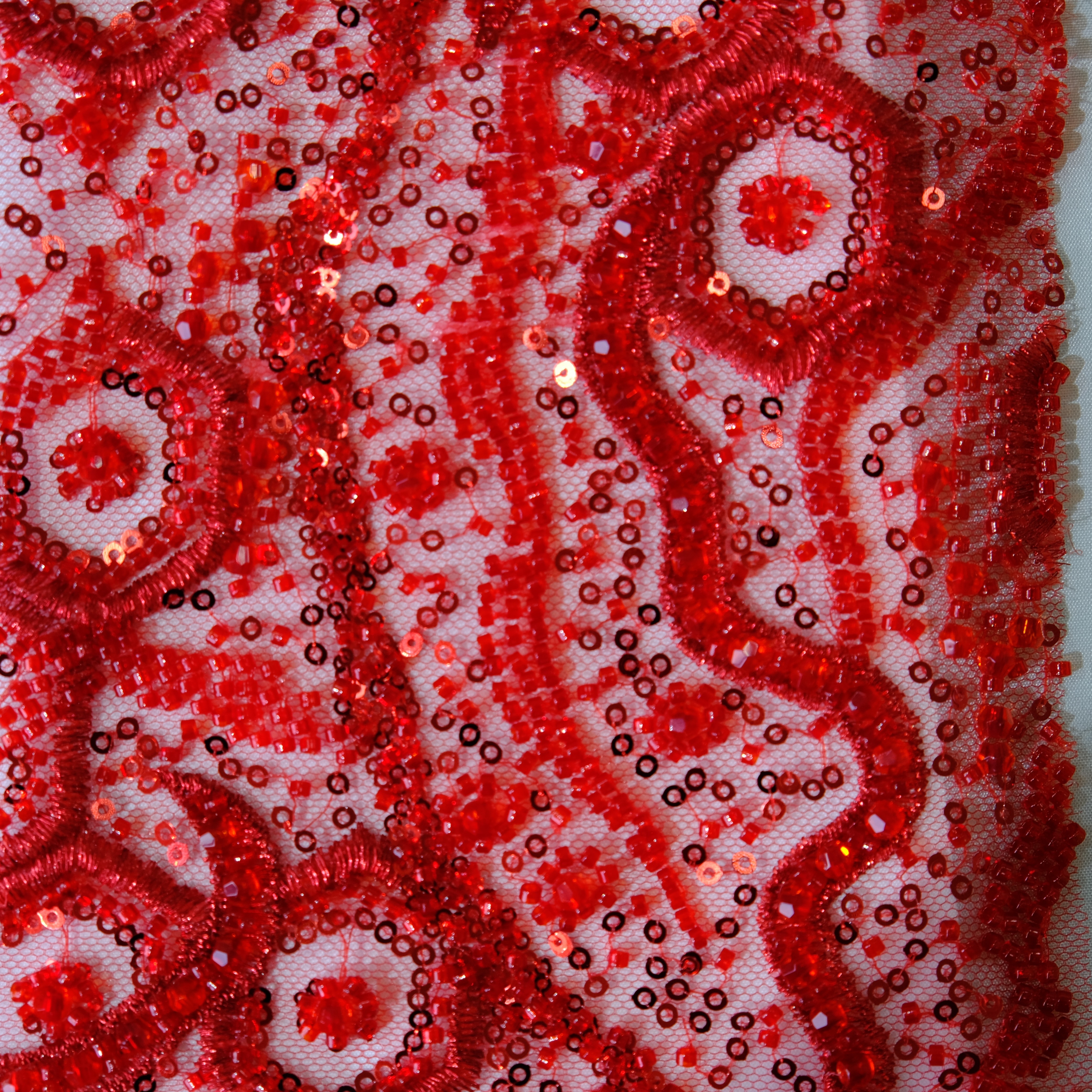 Honeycomb Stream Beaded Embroidery Fabric in Red color