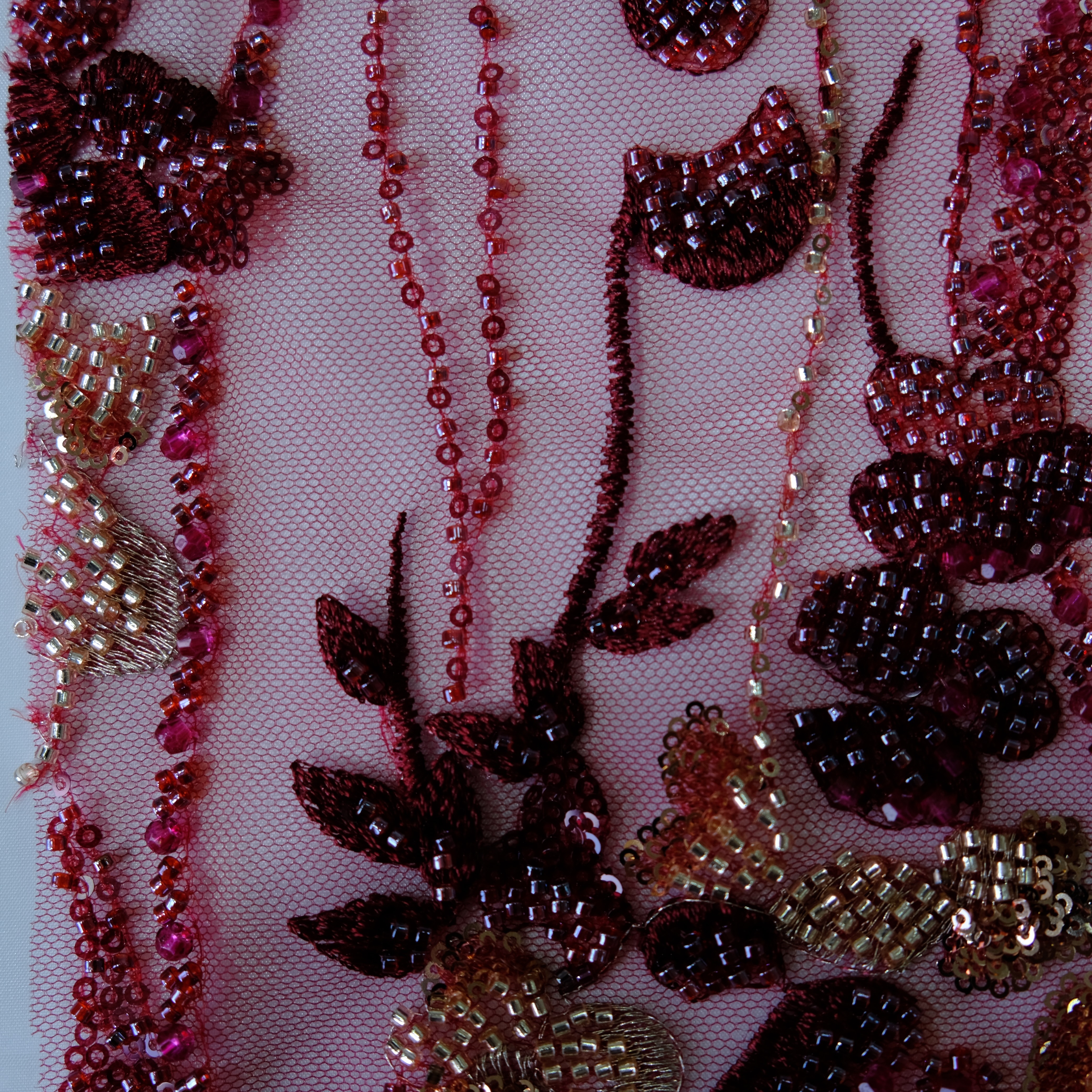 Dropping Blossom Beaded Embroidery Fabric in Red color