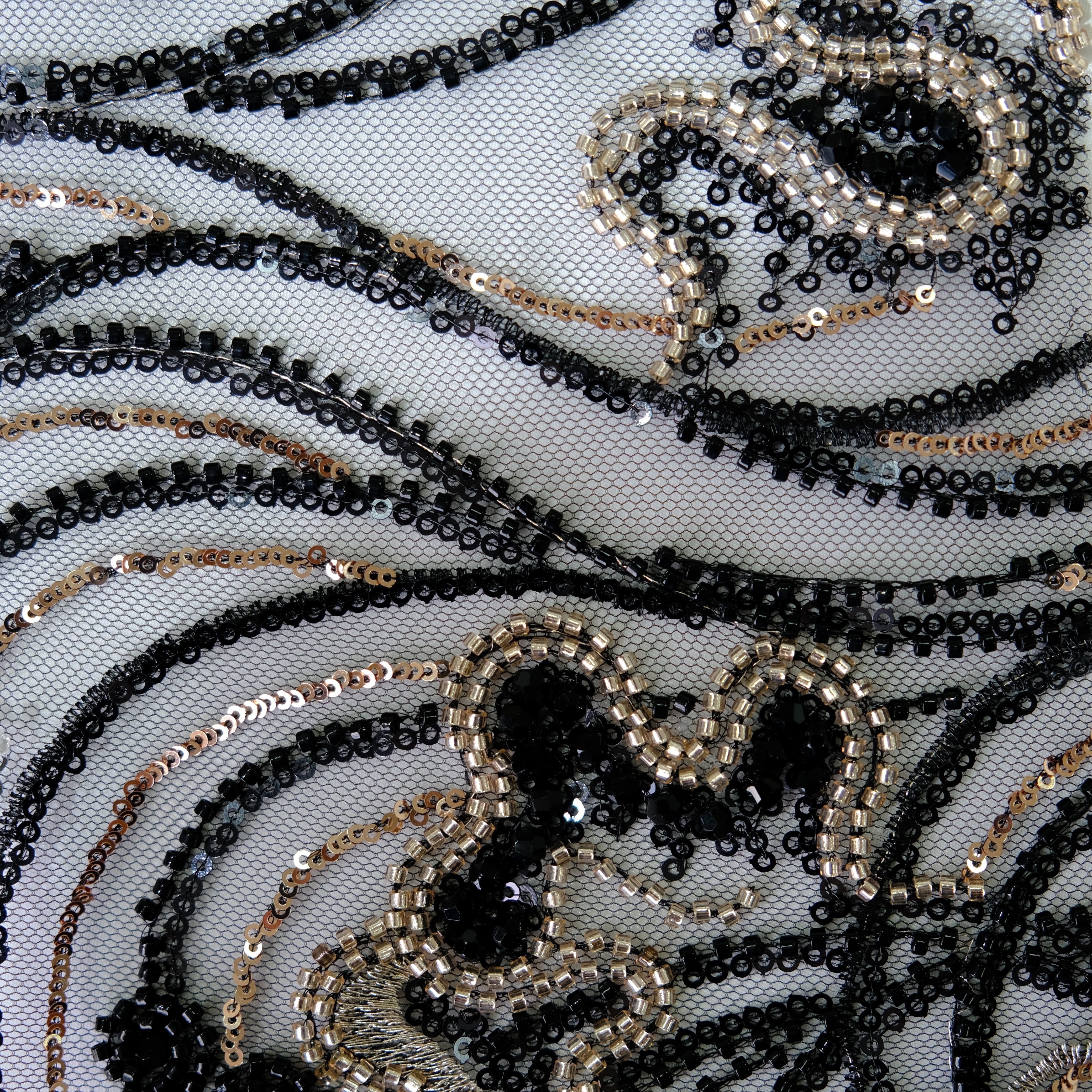 Scroll Wave Floral Beaded Embroidery Fabric in Black color