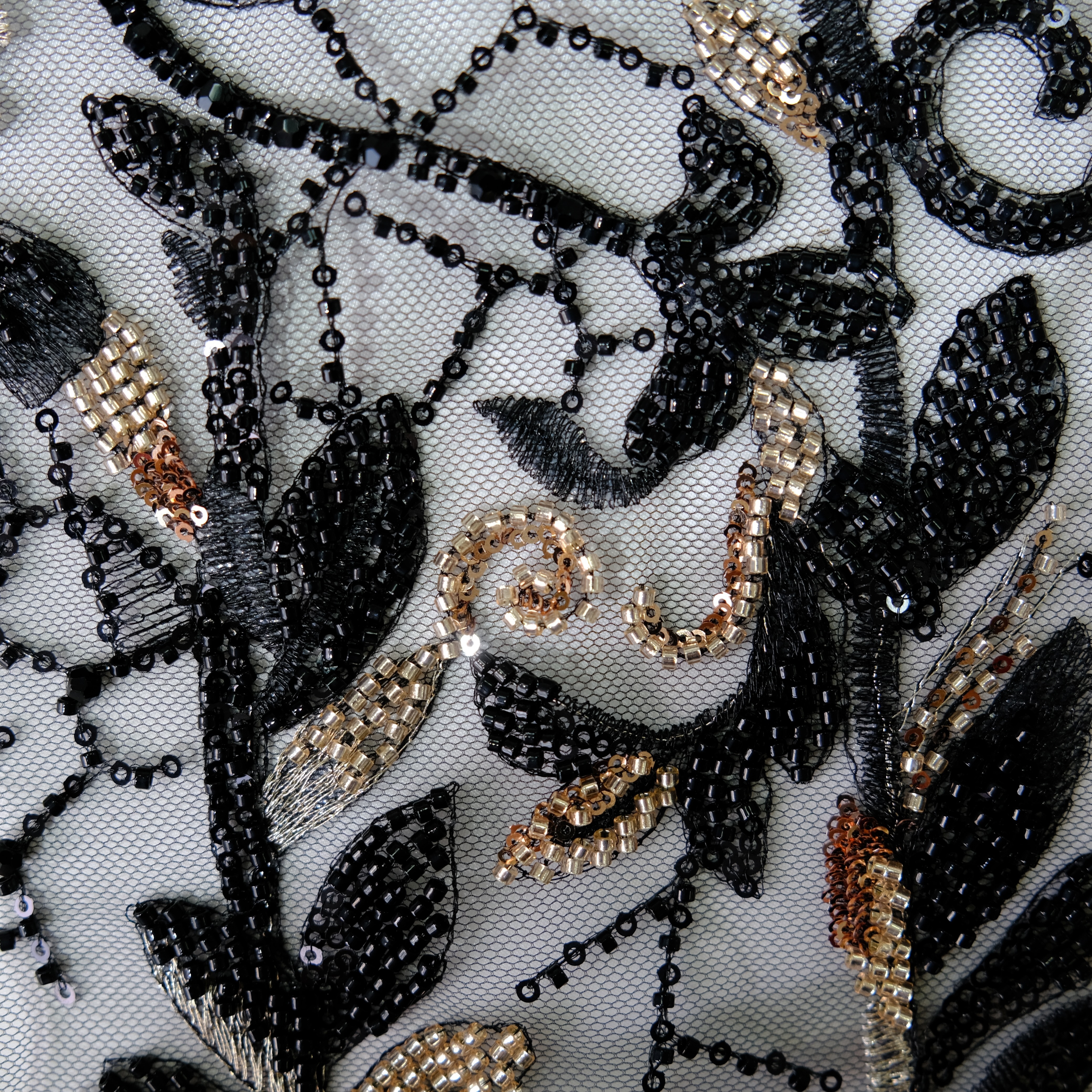 Vine Rose Beaded Embroidery Fabric in Black color
