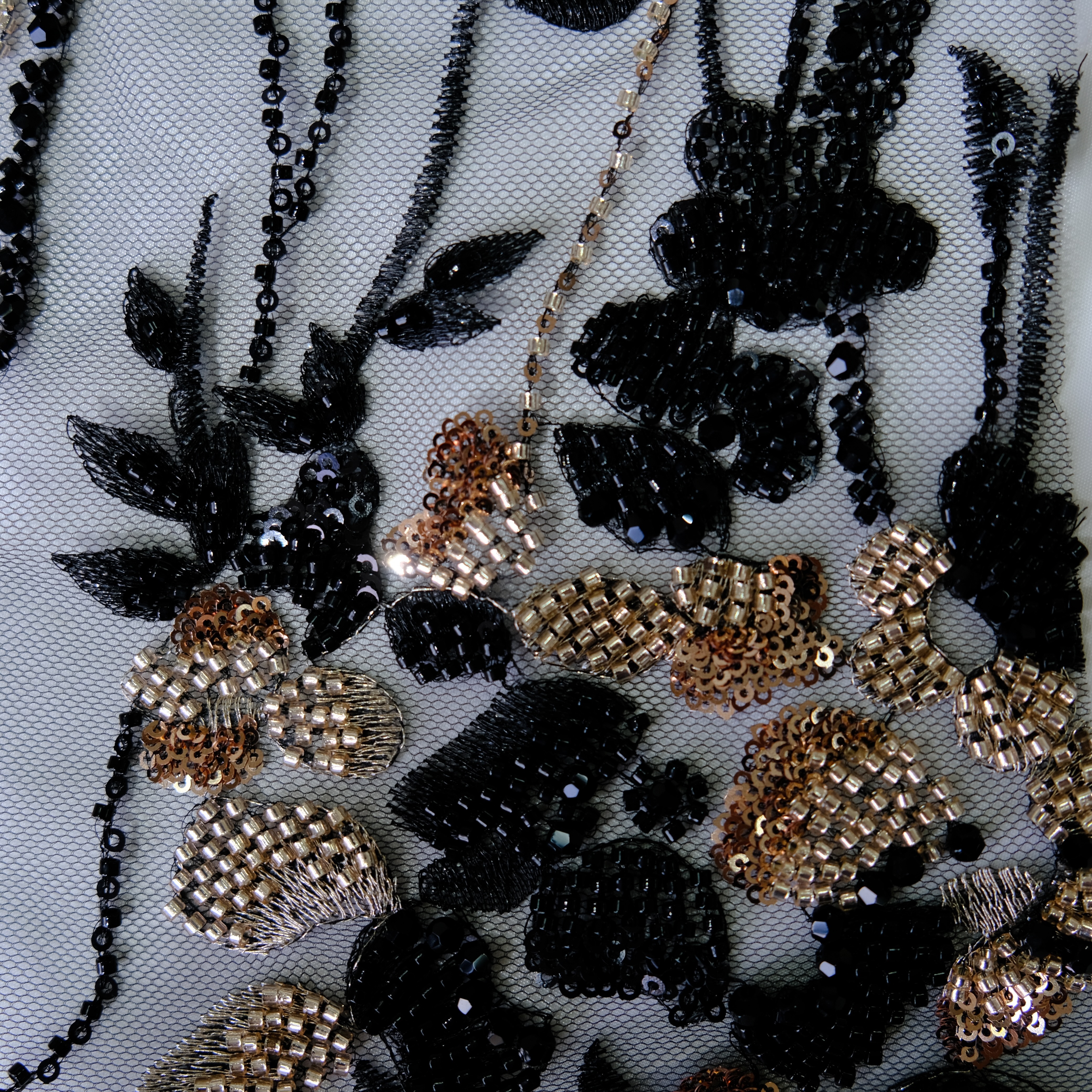 Dropping Blossom Beaded Embroidery Fabric in Black color