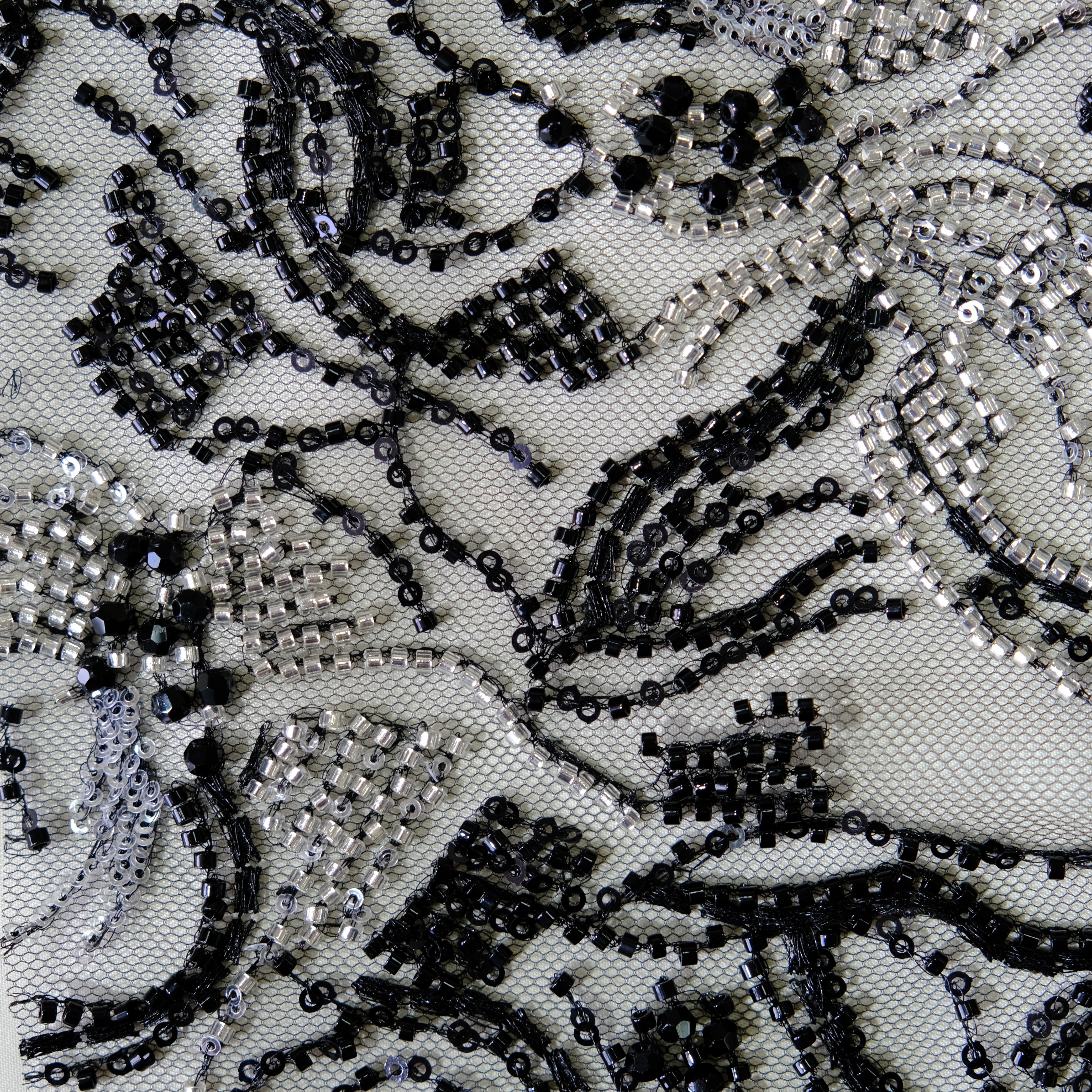 Curly Fern Beaded Embroidery Fabric in BlackSilver color