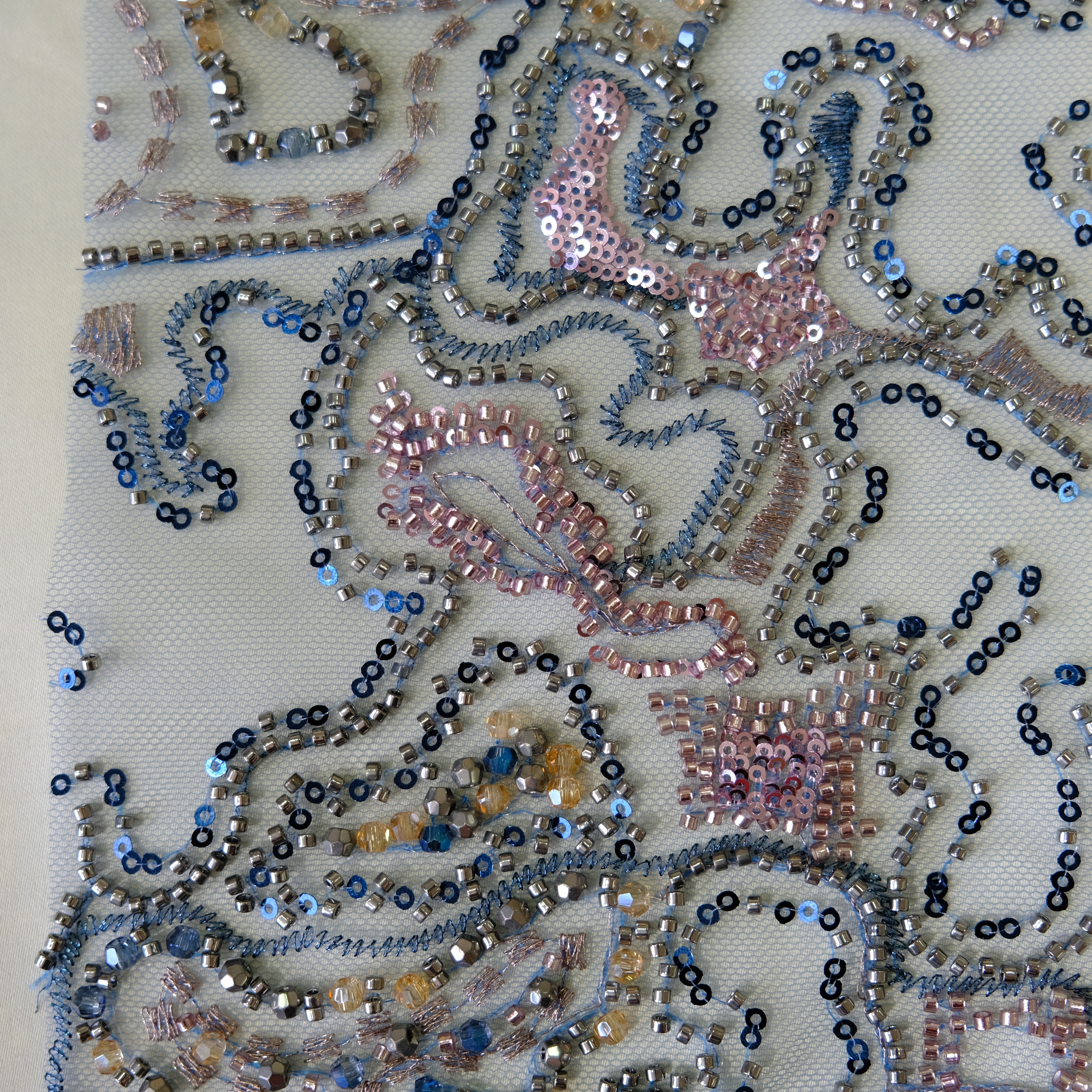 Abstract Maze Beaded Embroidery Fabric in Blue color