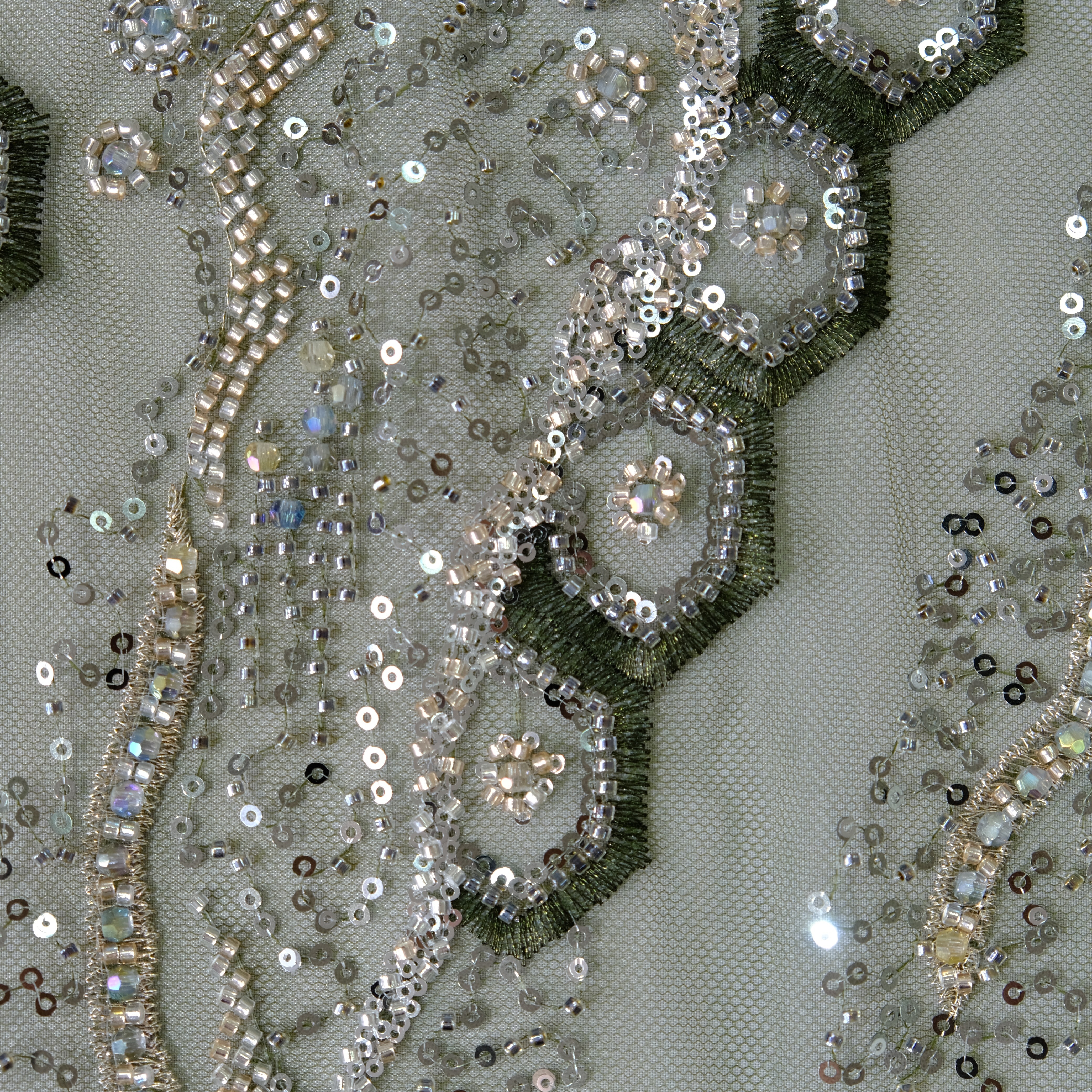 Honeycomb Stream Beaded Embroidery Fabric in Green color