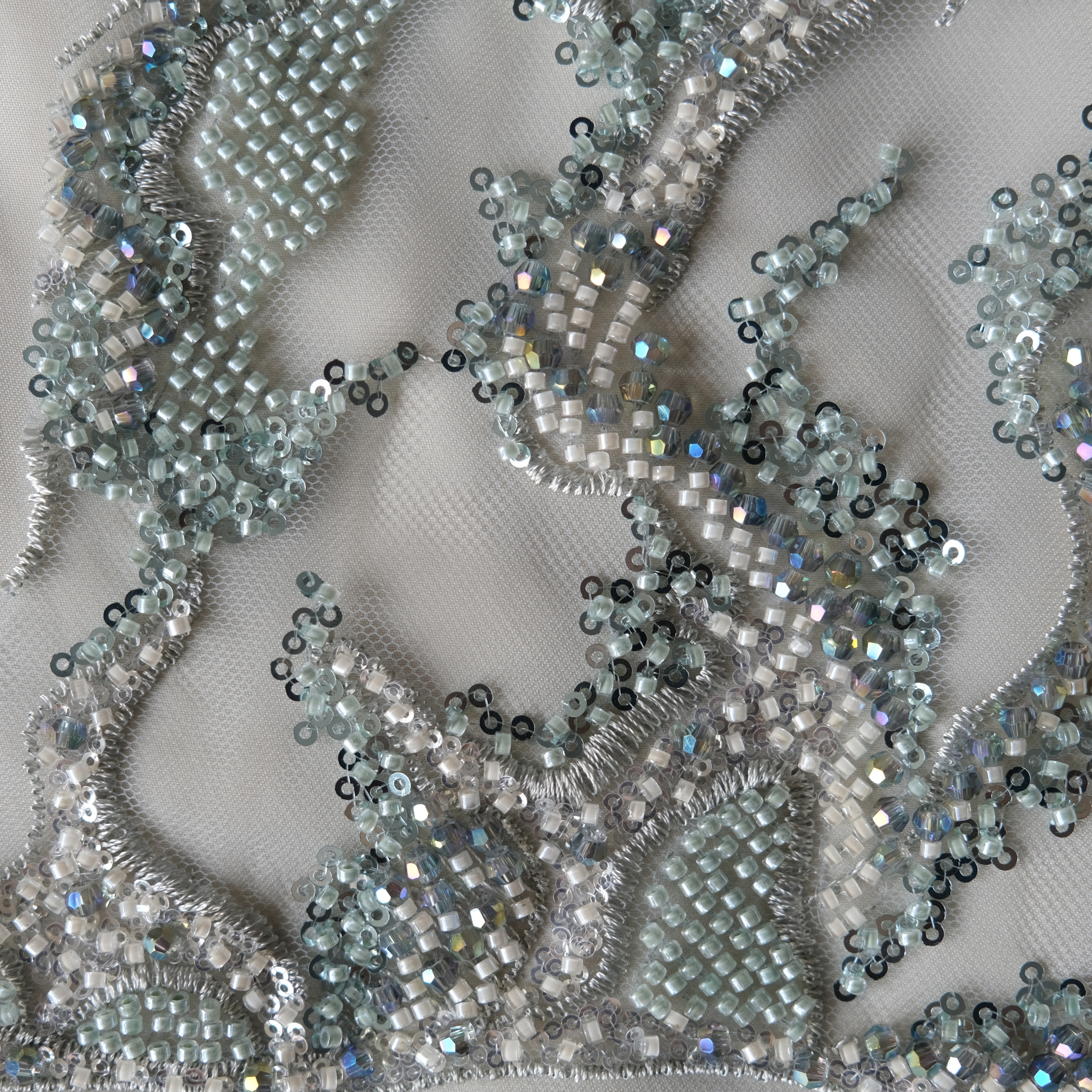 Abstract Reef Beaded Embroidery Fabric in MintGreen color