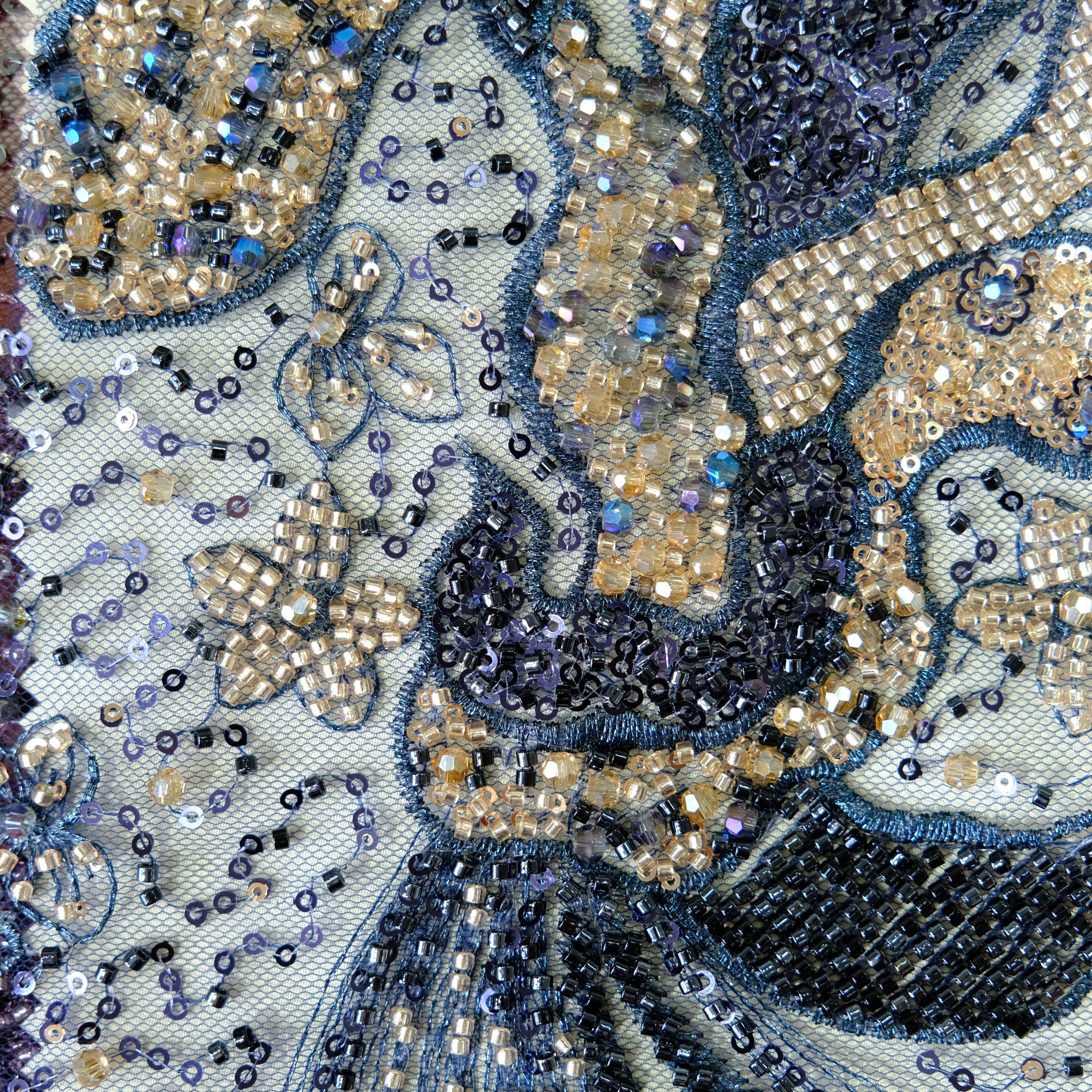 Phoenix Bloom Beaded Embroidery Fabric in NavyGolden color