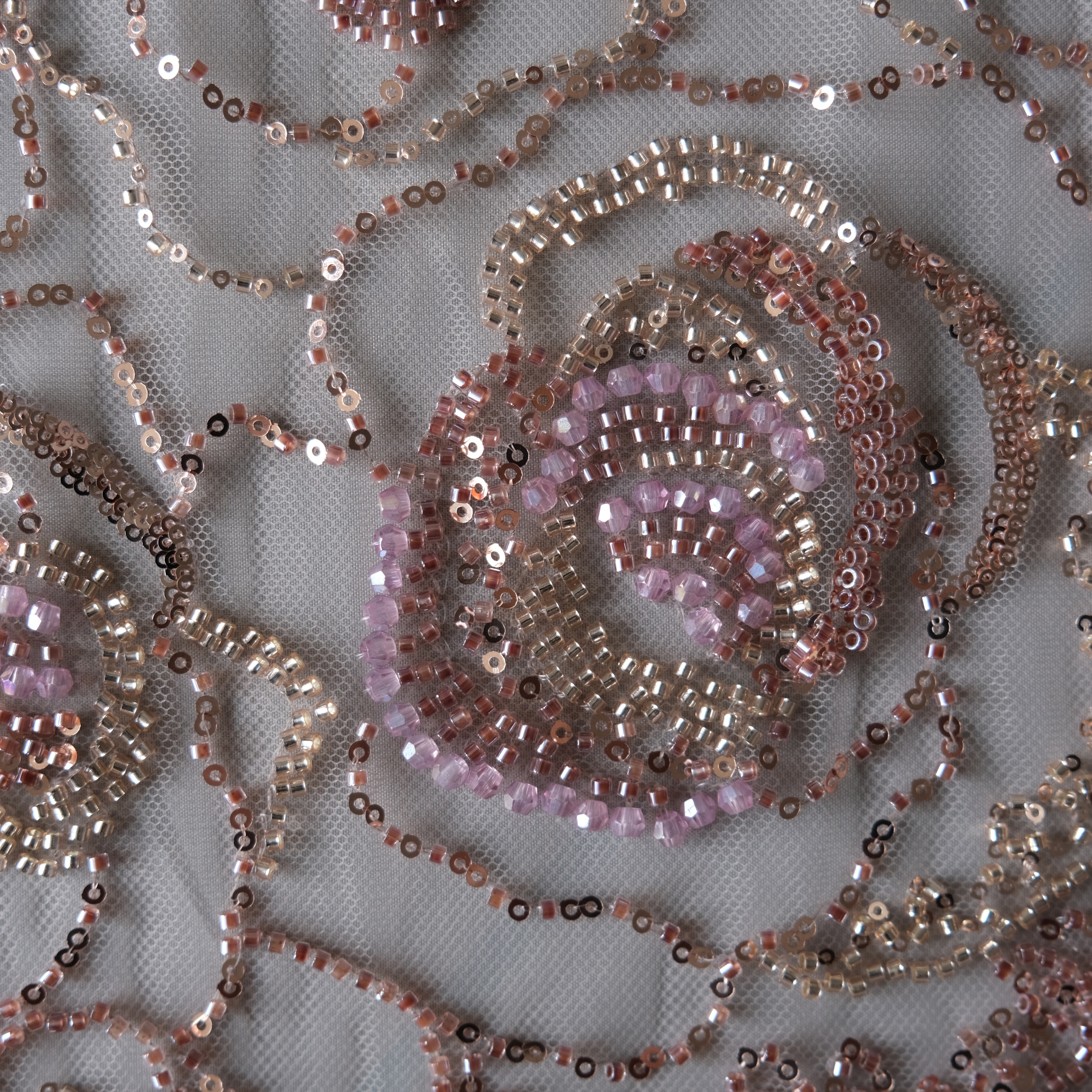 Circular Swirl Beaded Embroidery Fabric in Pink color