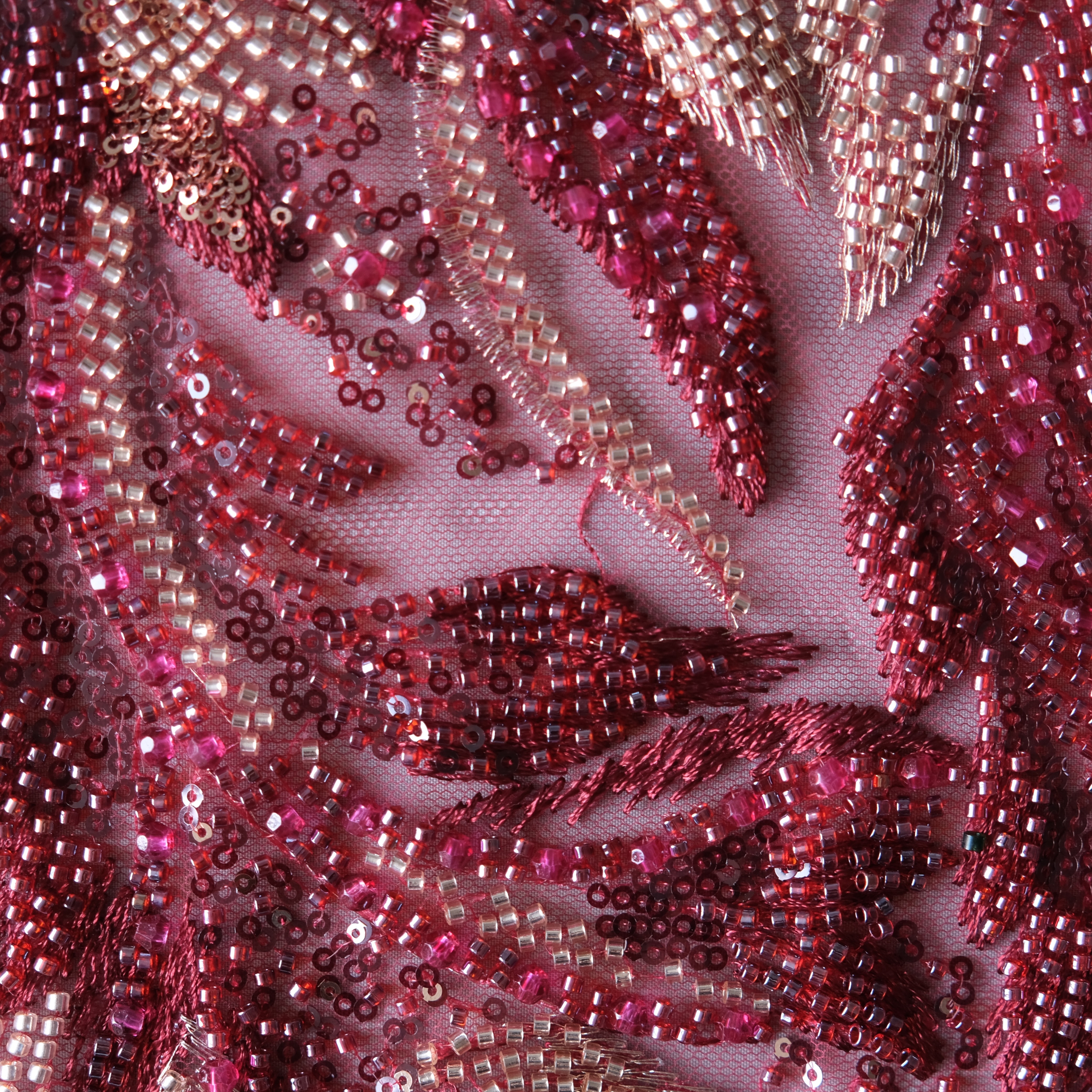 Vertical Fern Frond Beaded Embroidery Fabric in Red color
