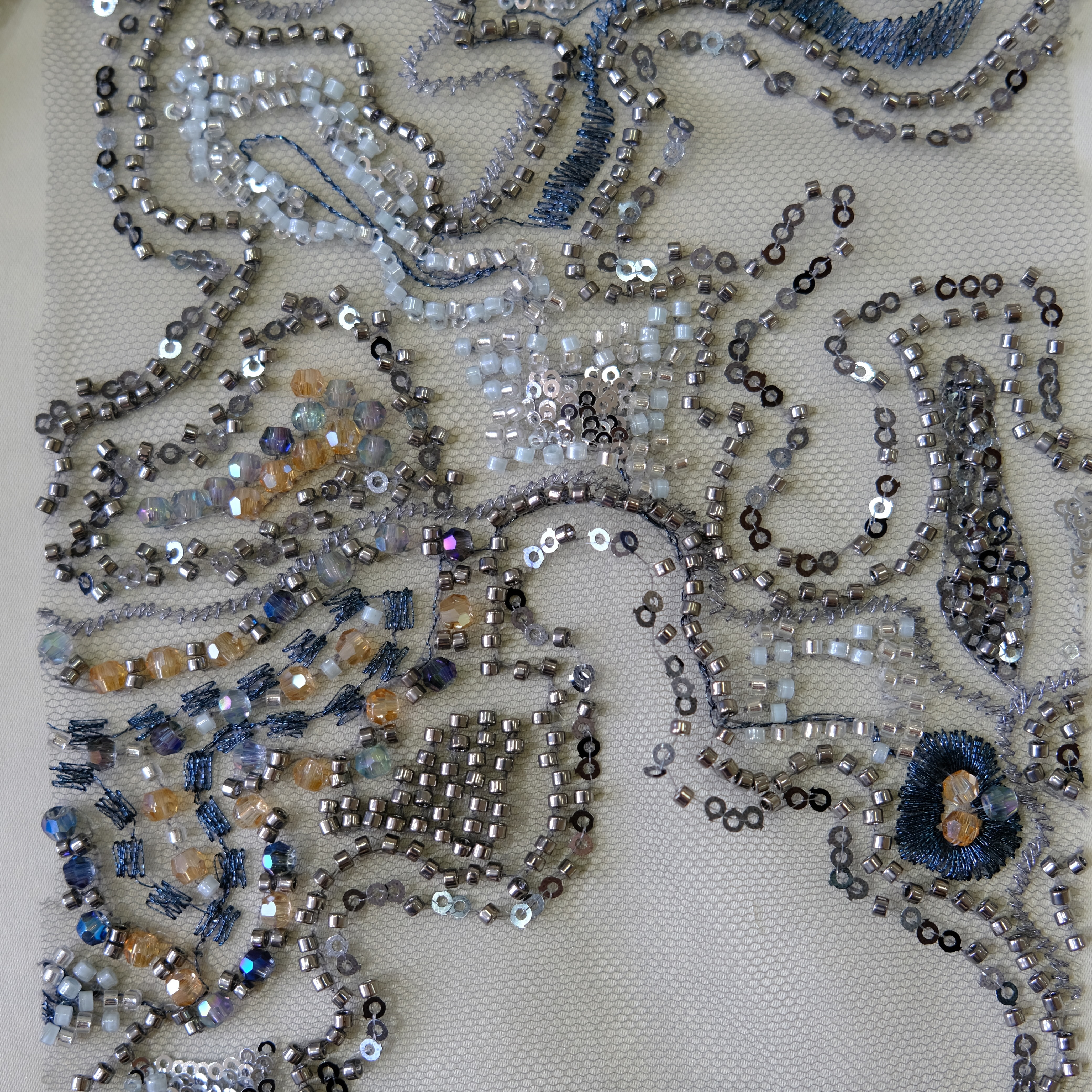 Abstract Maze Beaded Embroidery Fabric in Gray color