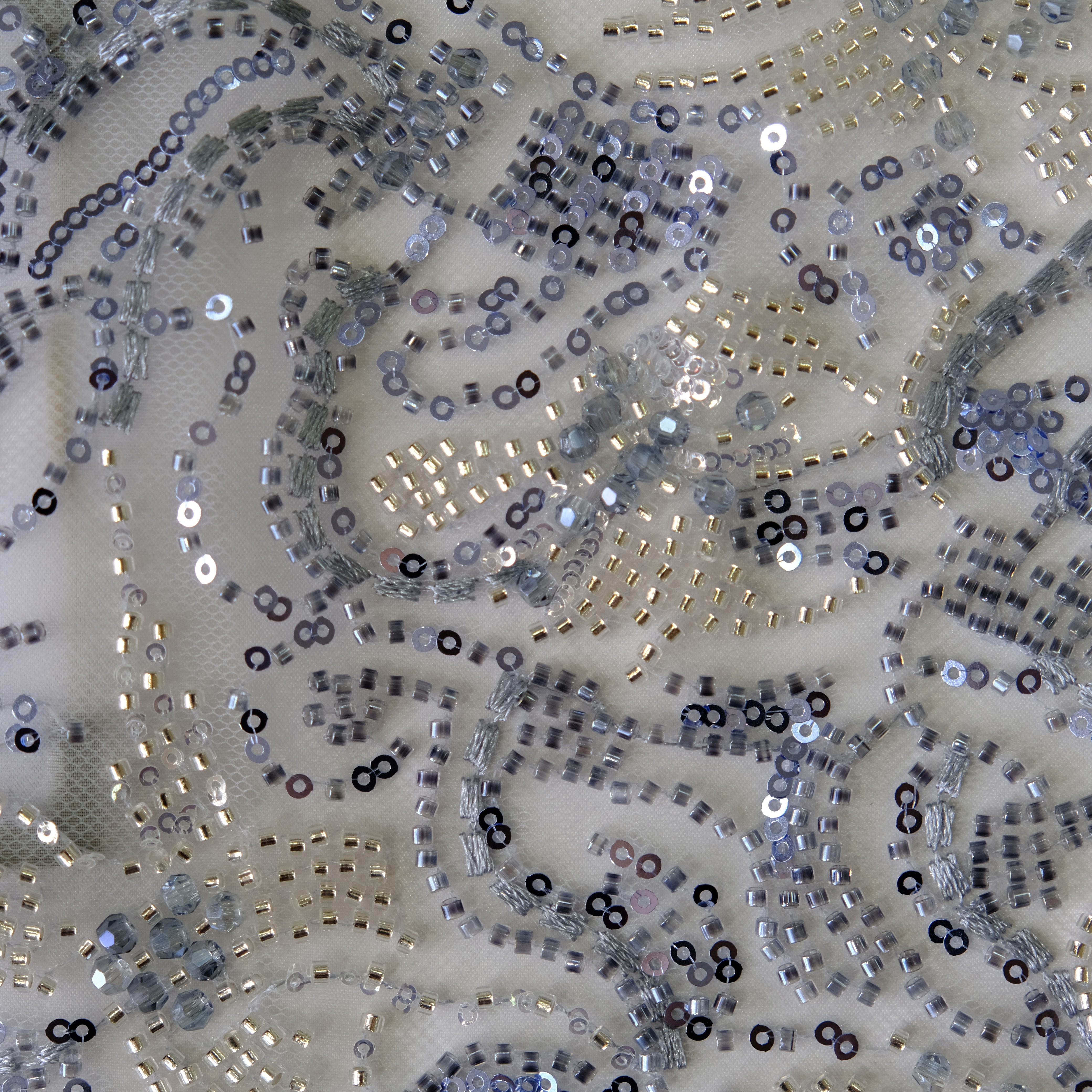 Curly Fern Beaded Embroidery Fabric in LightBlue color