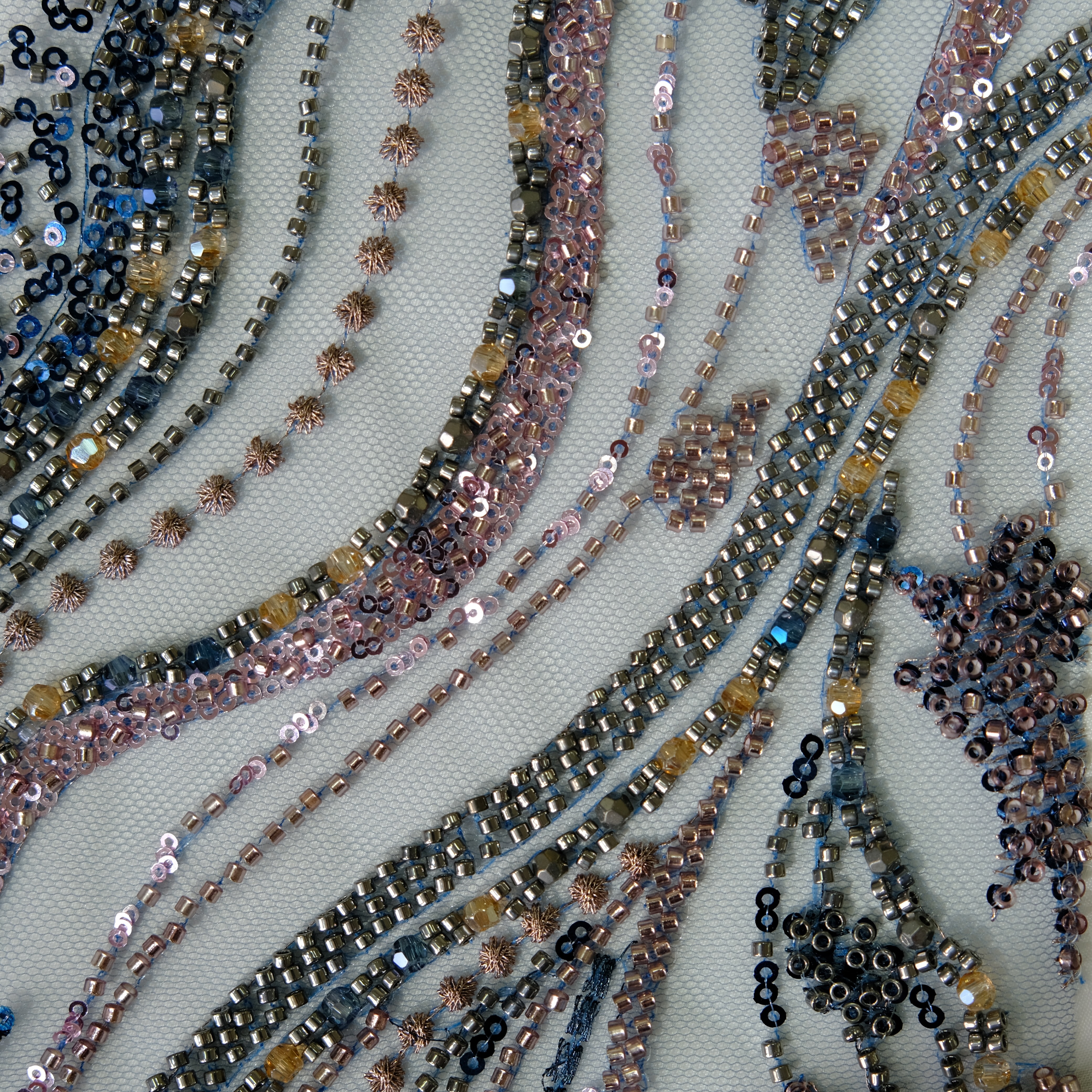 Ripple Stream Beaded Embroidery Fabric in Navy color