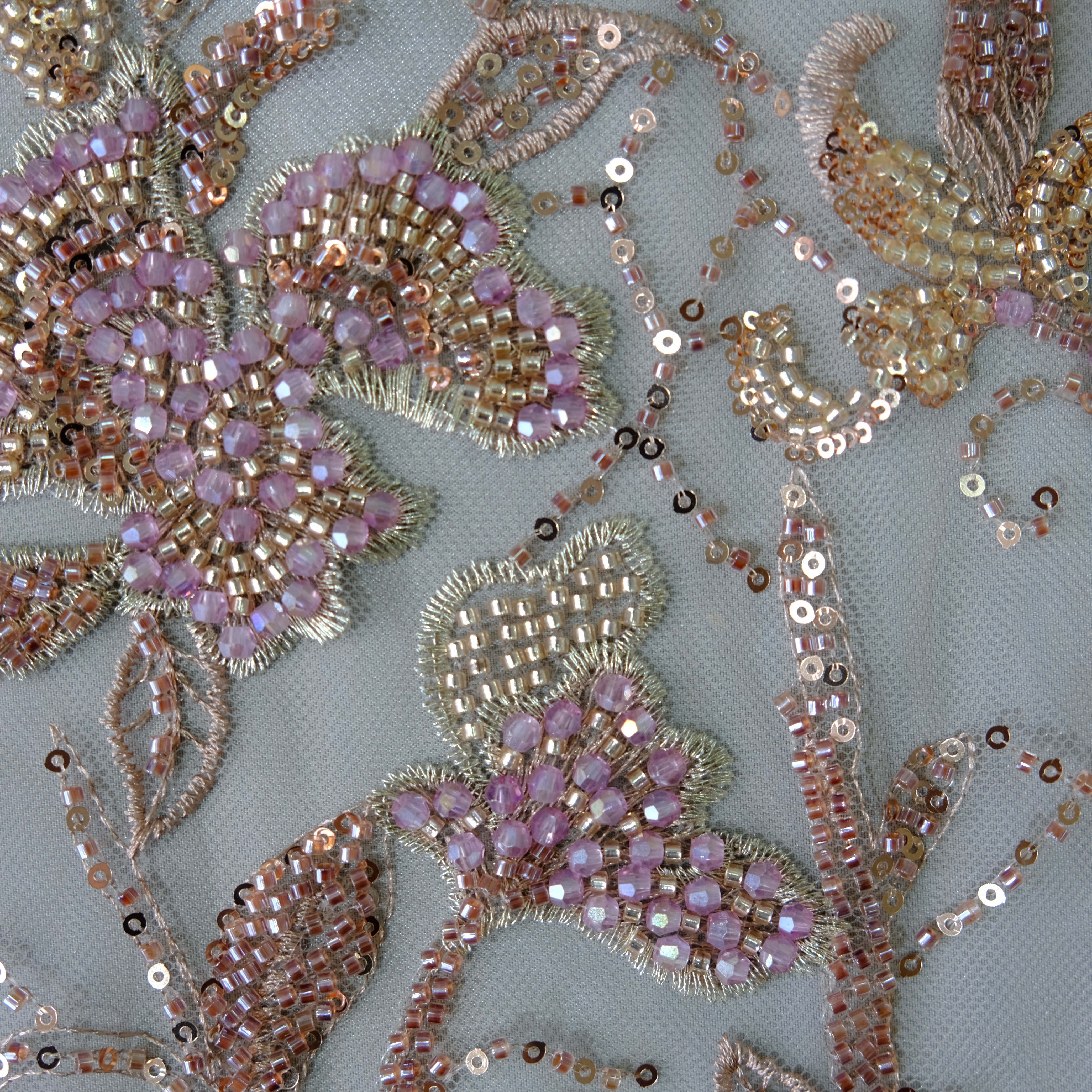 Vine Rose Beaded Embroidery Fabric in Pink color