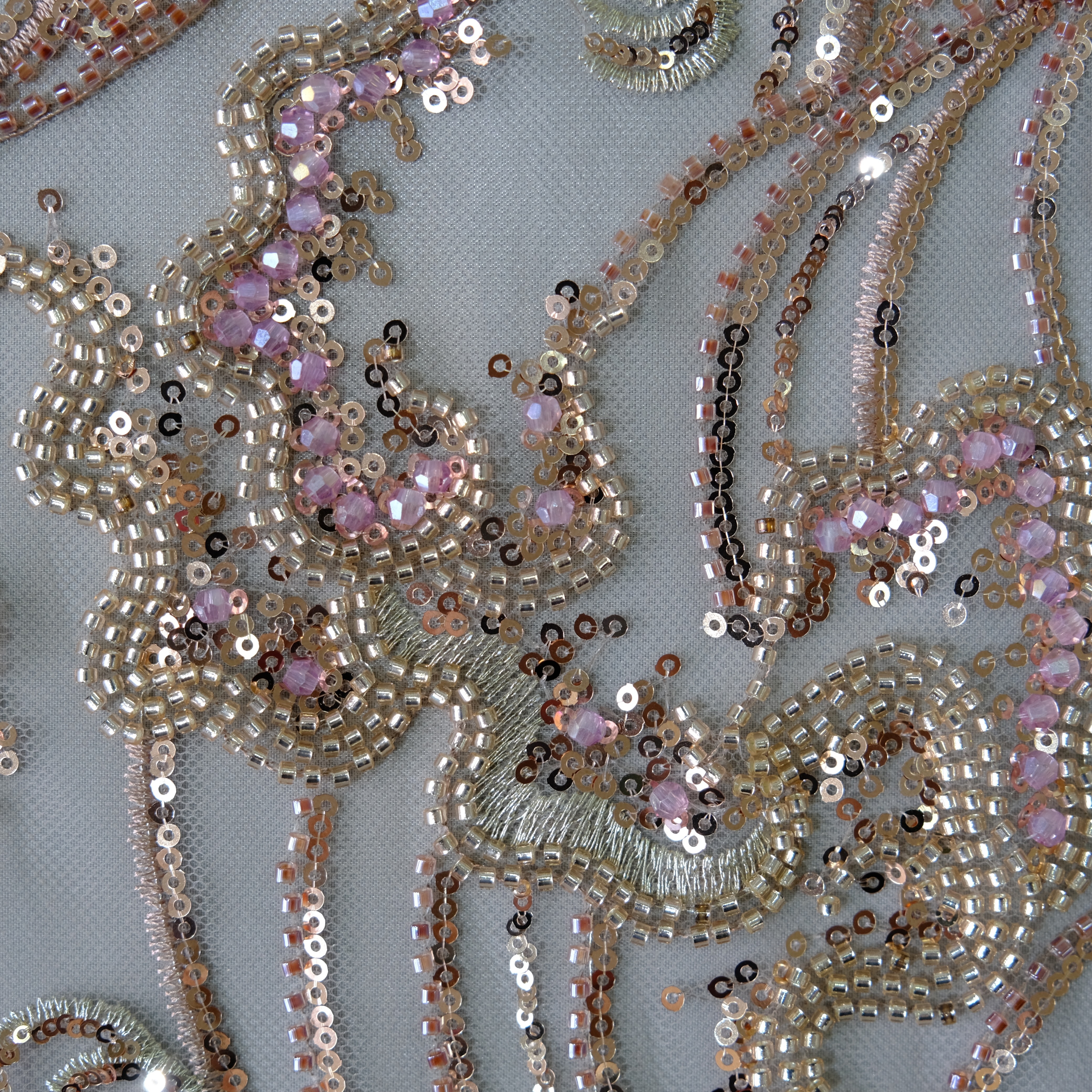 Scroll Wave Floral Beaded Embroidery Fabric in Pink color
