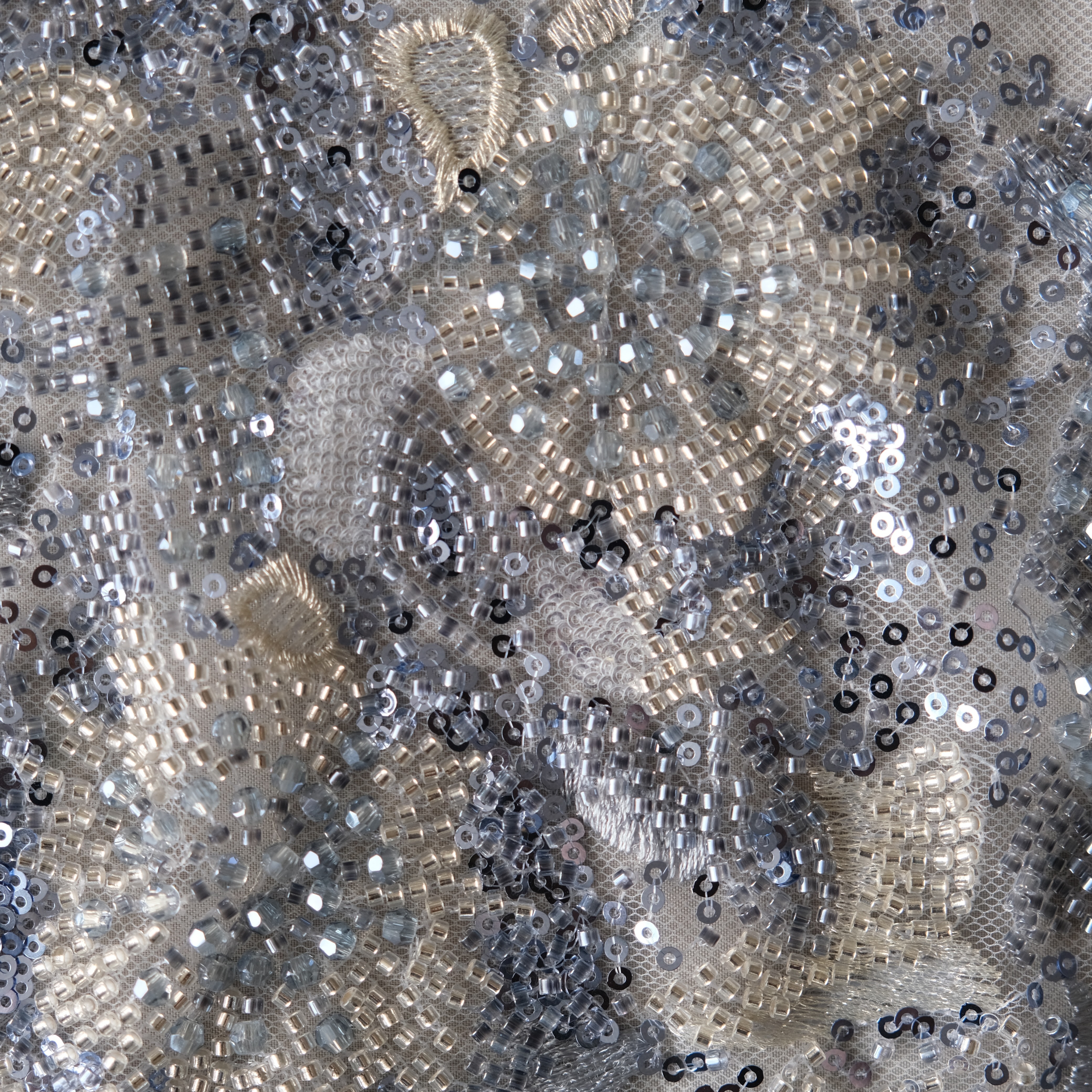 Gradient Floral Grove Beaded Embroidery Fabric in SilverPurple color