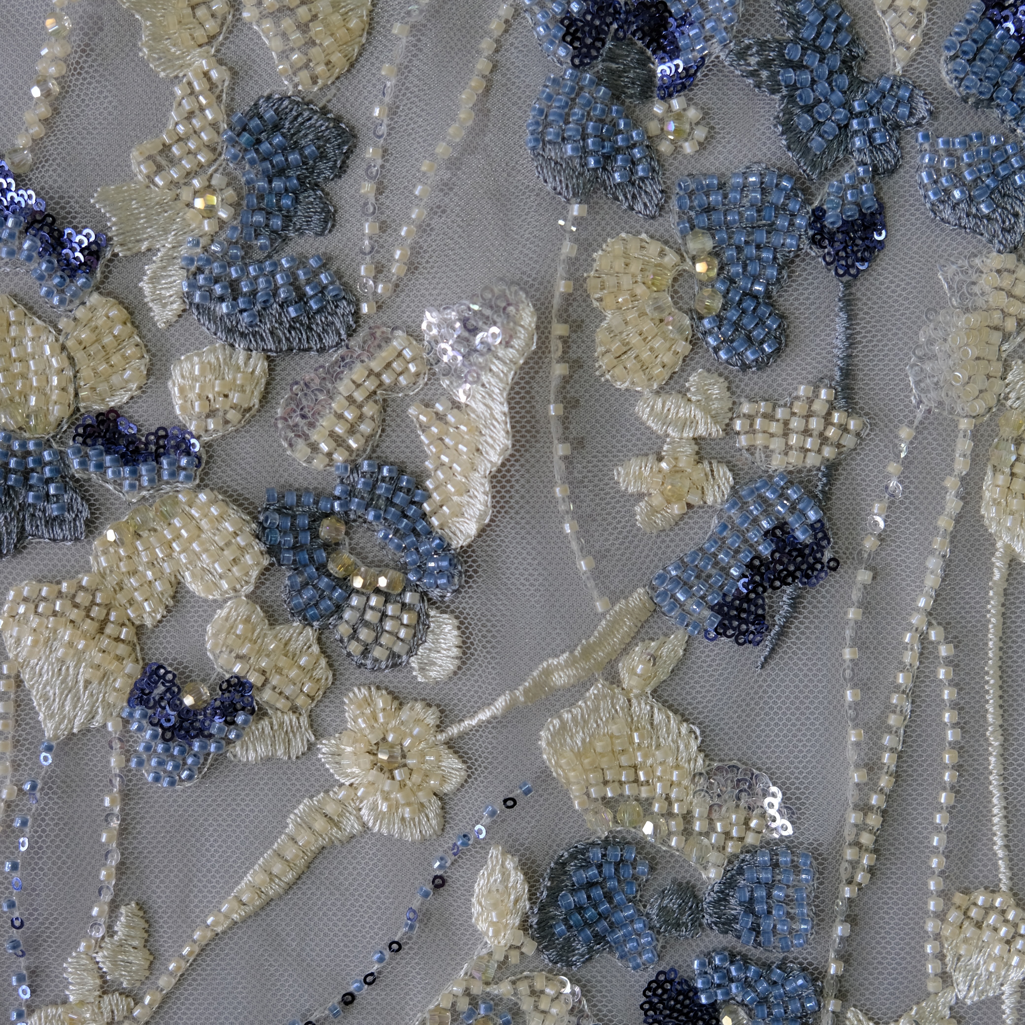 Dropping Blossom Beaded Embroidery Fabric in YellowBlue color