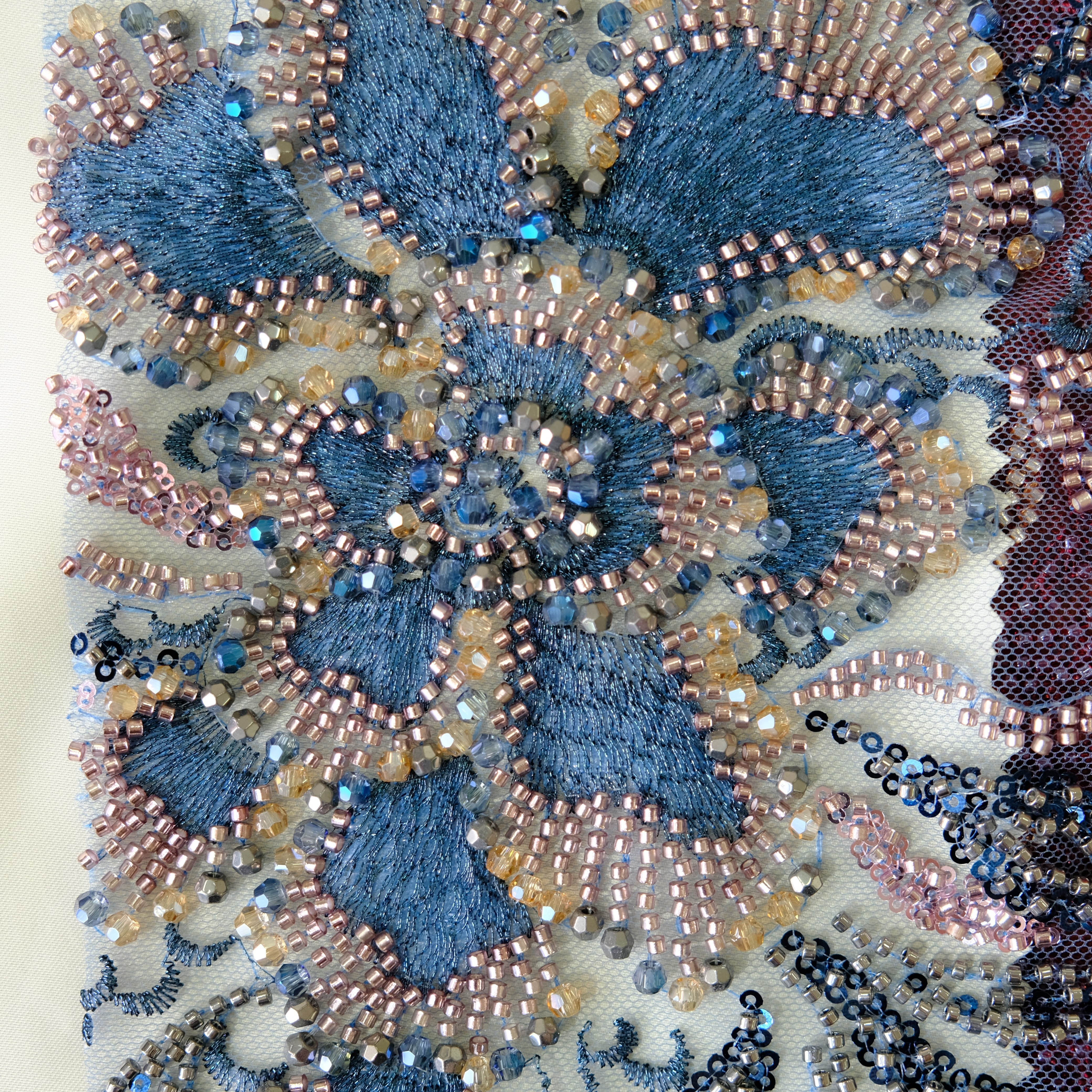 Willow Floral Beaded Embroidery Fabric in BluePink color