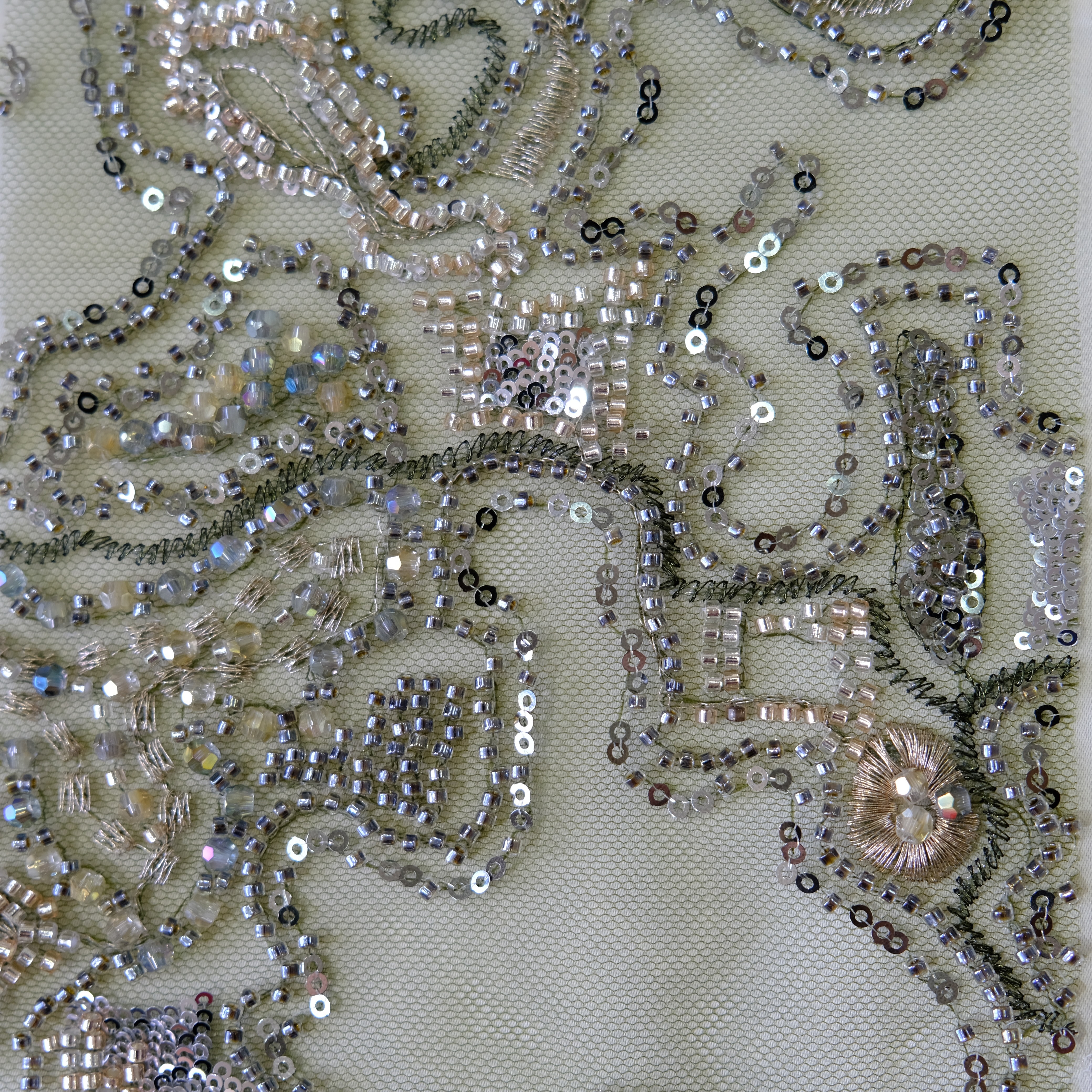 Abstract Maze Beaded Embroidery Fabric in DeepGreen color