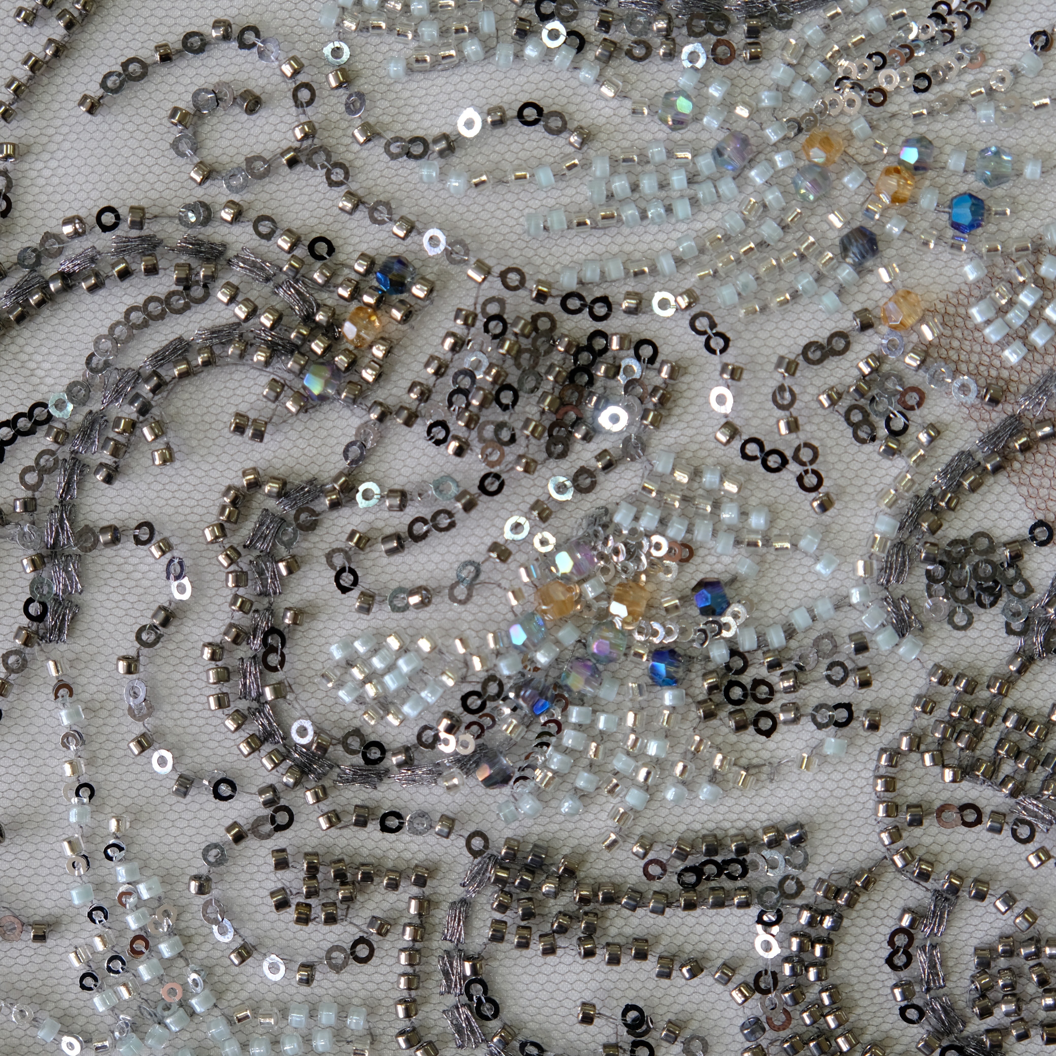 Curly Fern Beaded Embroidery Fabric in Gray color