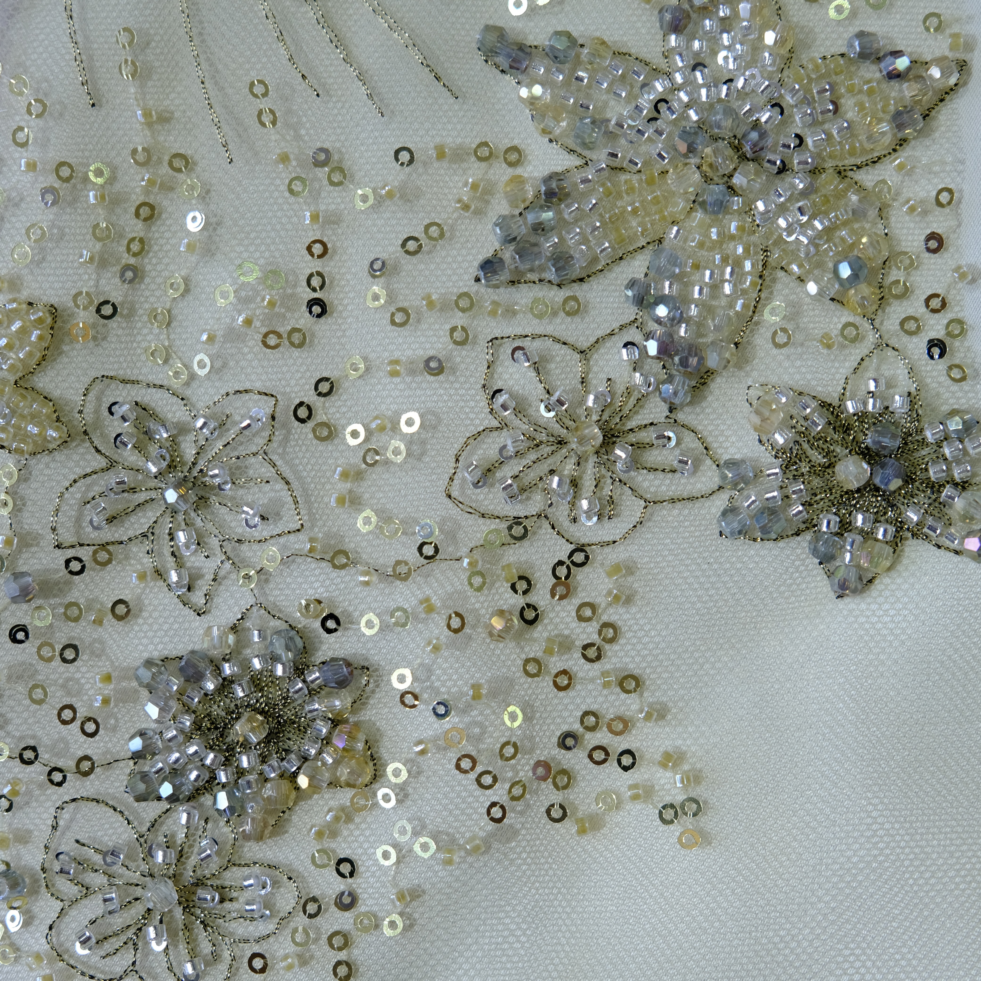 Phoenix Bloom Beaded Embroidery Fabric in Green color