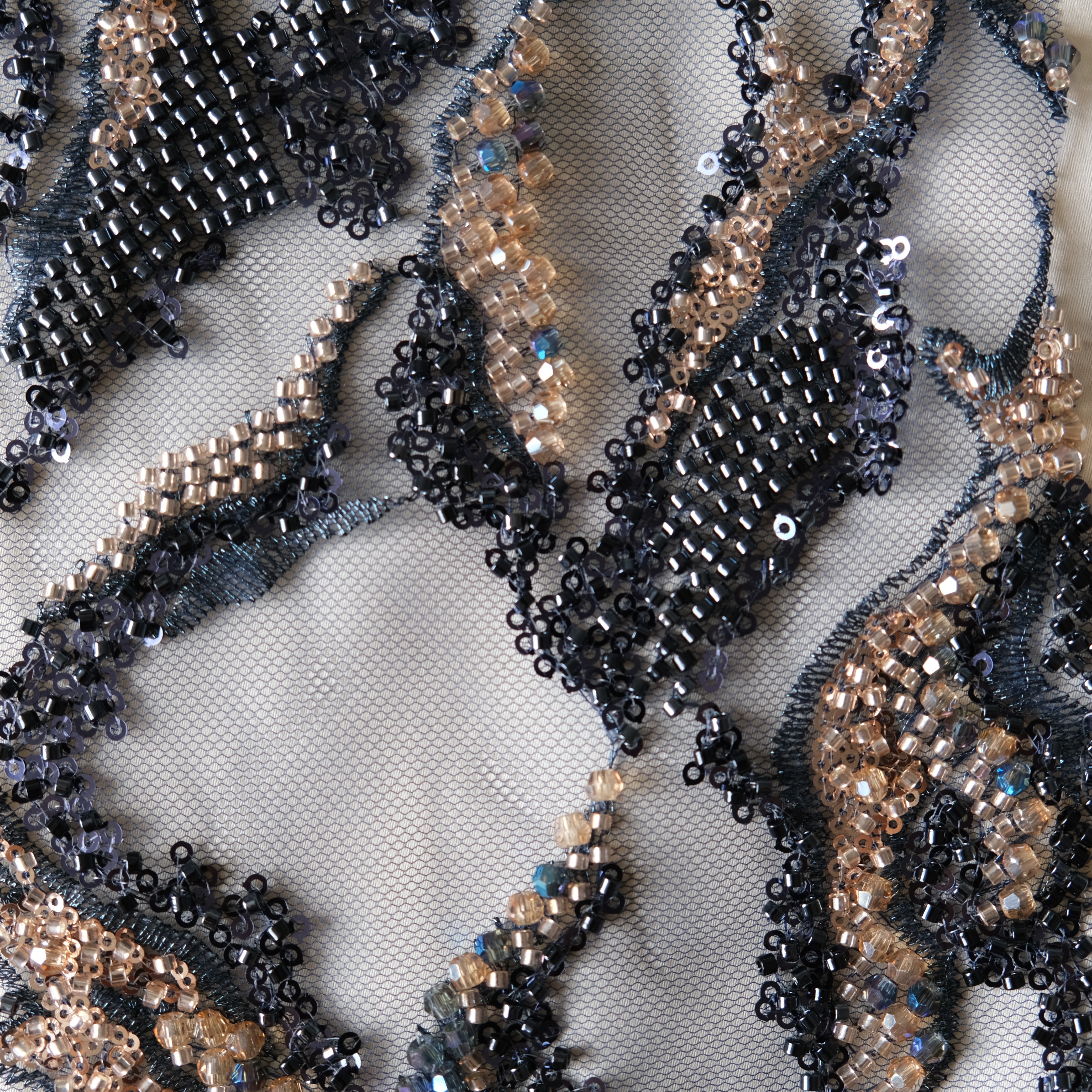 Abstract Reef Beaded Embroidery Fabric in Navy color