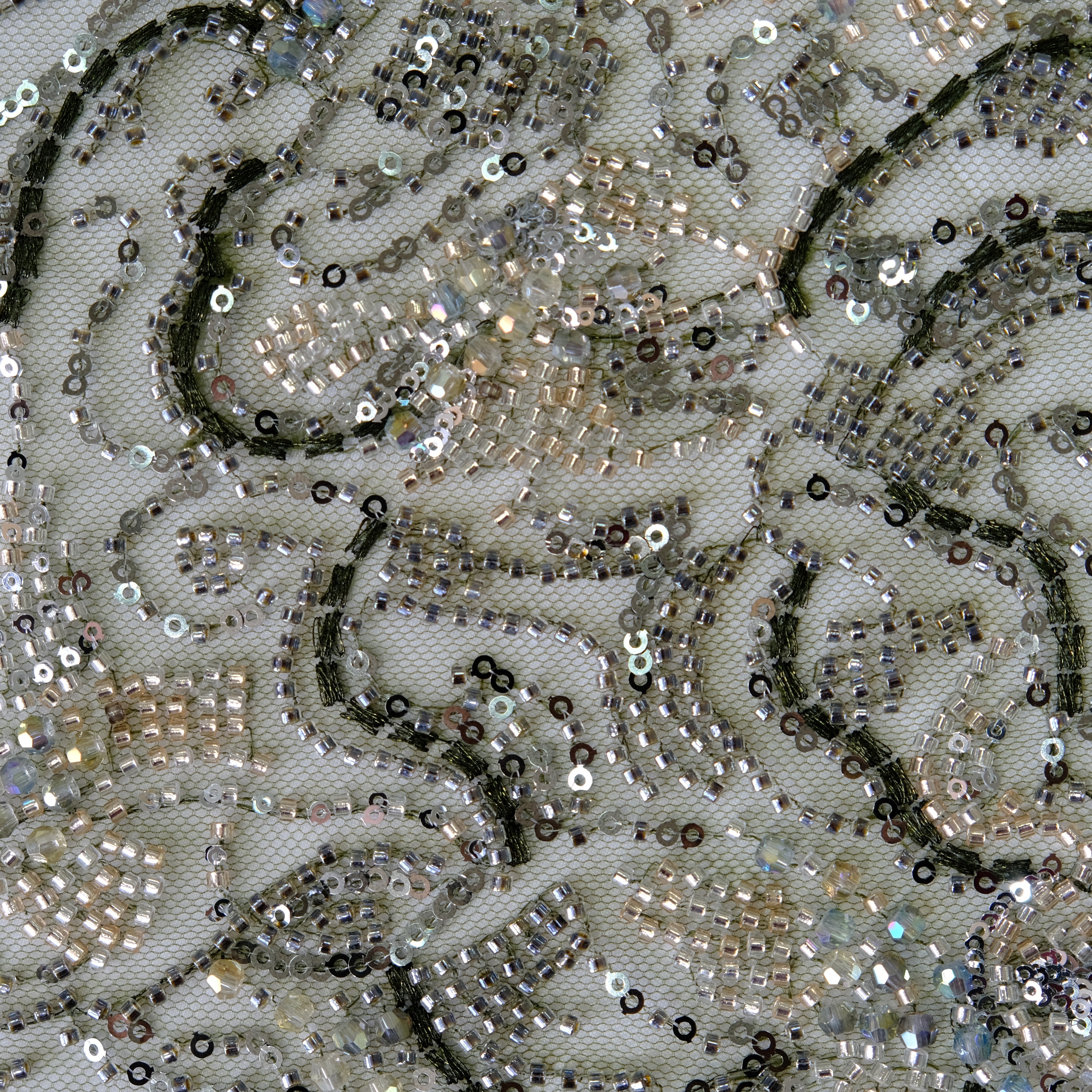 Curly Fern Beaded Embroidery Fabric in ArmyGreen+Golden color