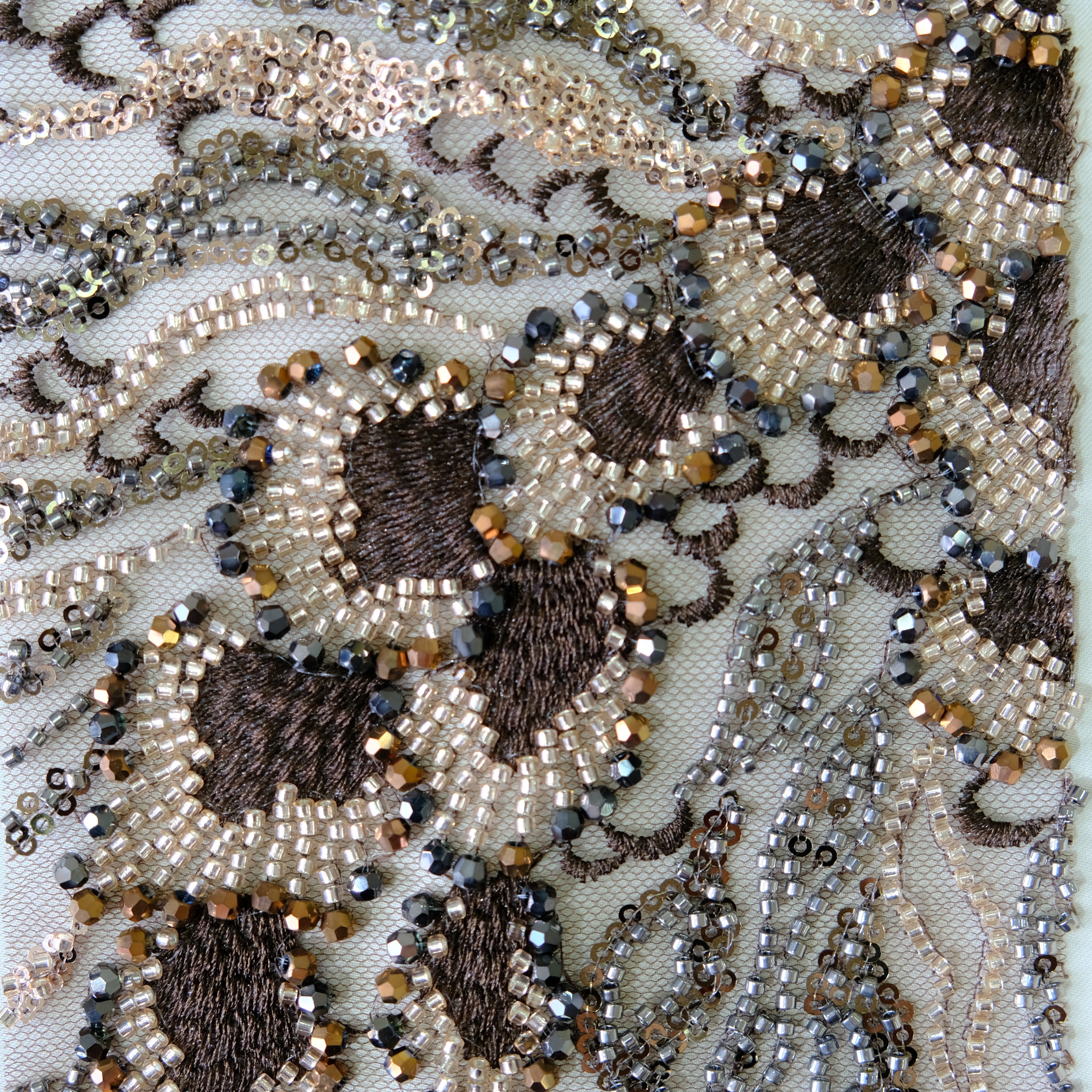 Willow Floral Beaded Embroidery Fabric in Brown color