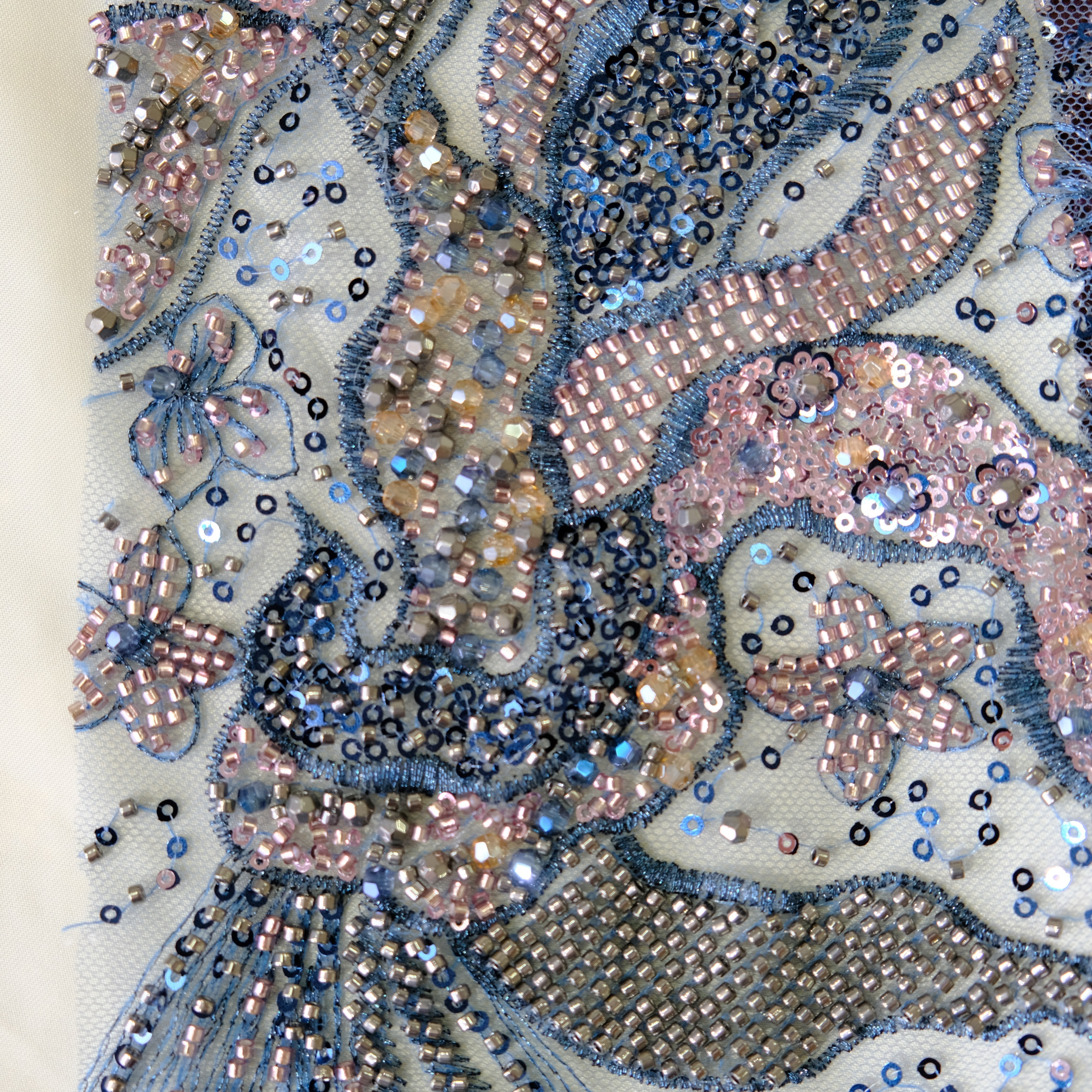 Phoenix Bloom Beaded Embroidery Fabric in NavyPink color