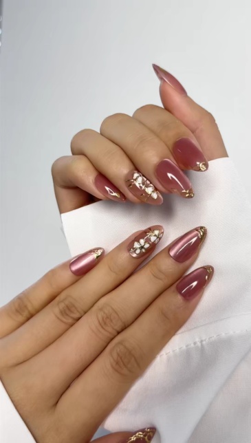 Pink Floral Gold Line| Reusable Press On