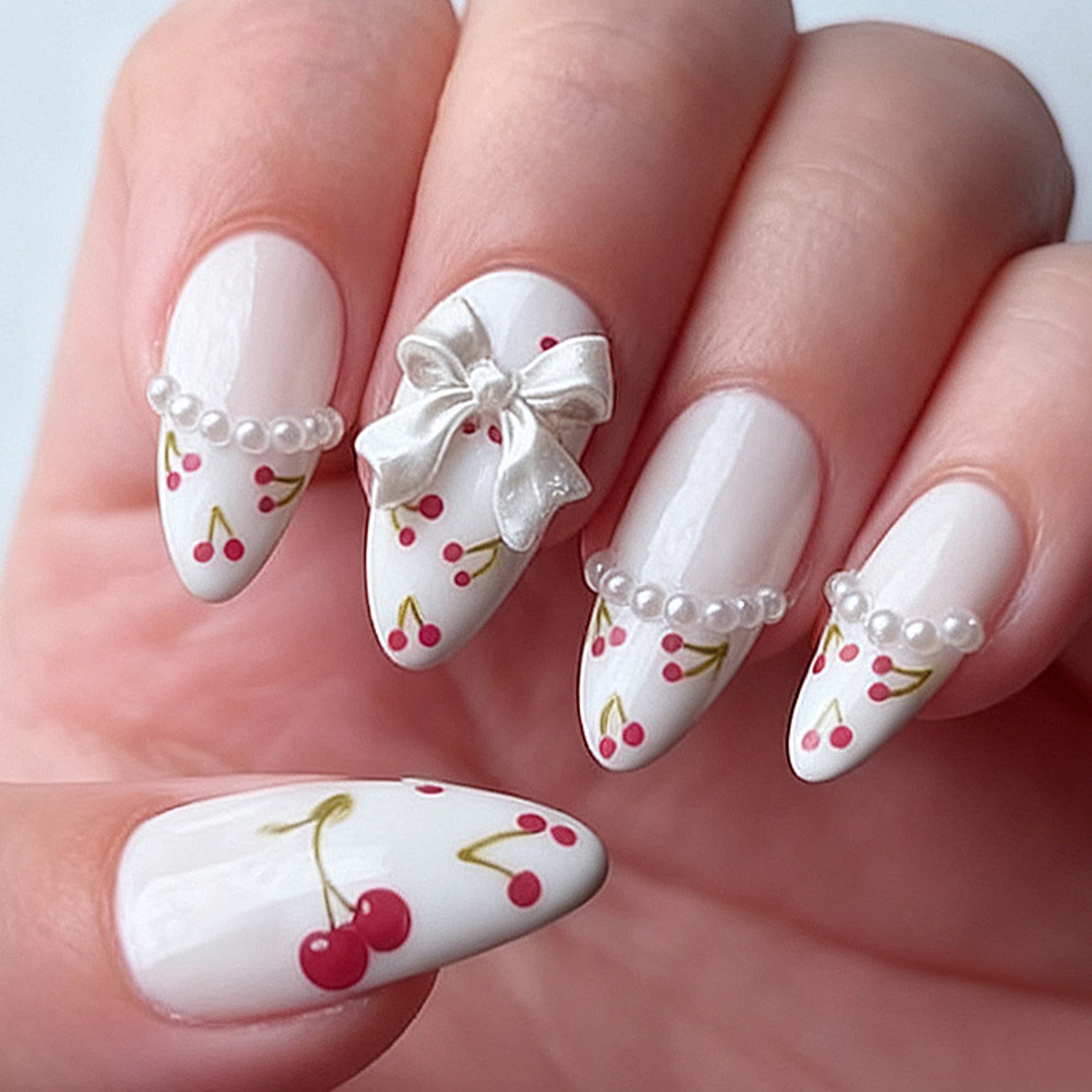 Cherry Bow Pearl French | Reusable Press On