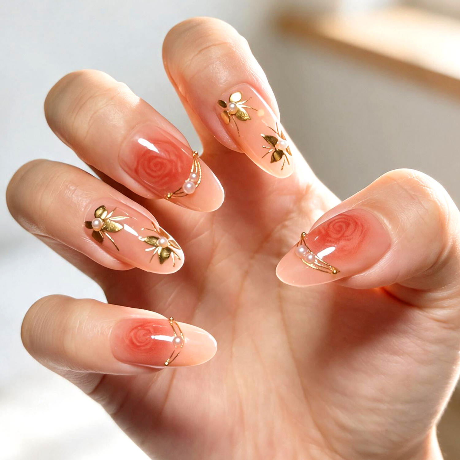 Pink Floral Gold Line| Reusable Press On
