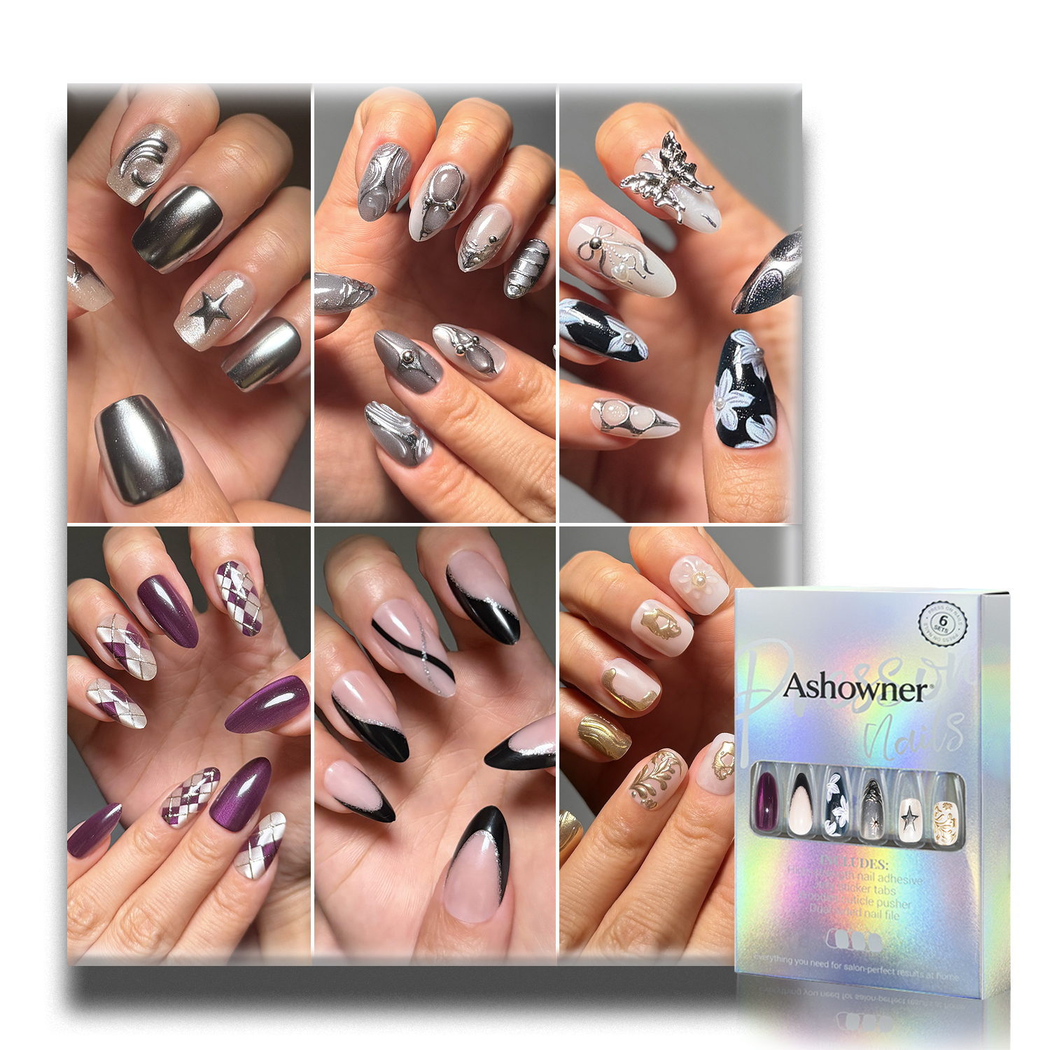 Dark Silver Rhinestone Checkered|Reusable Press On