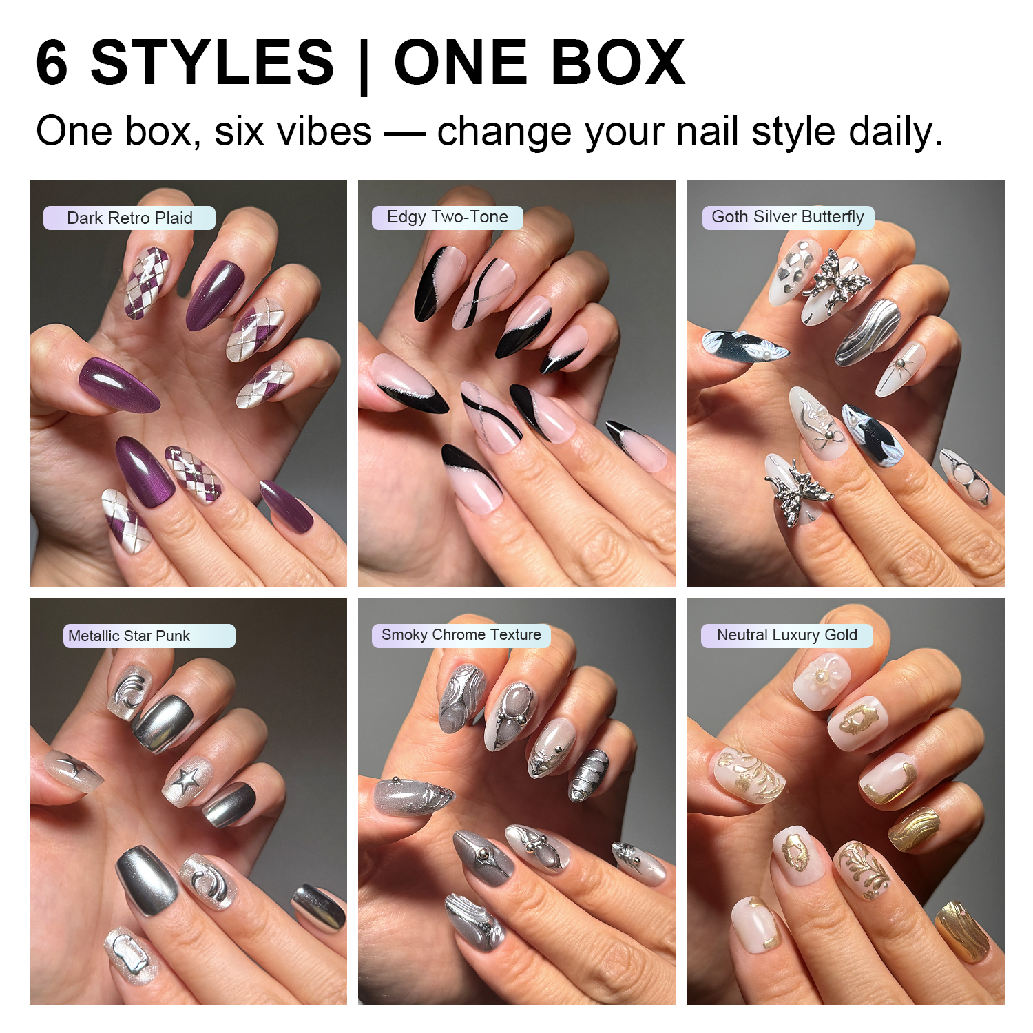 Dark Silver Rhinestone Checkered|Reusable Press On
