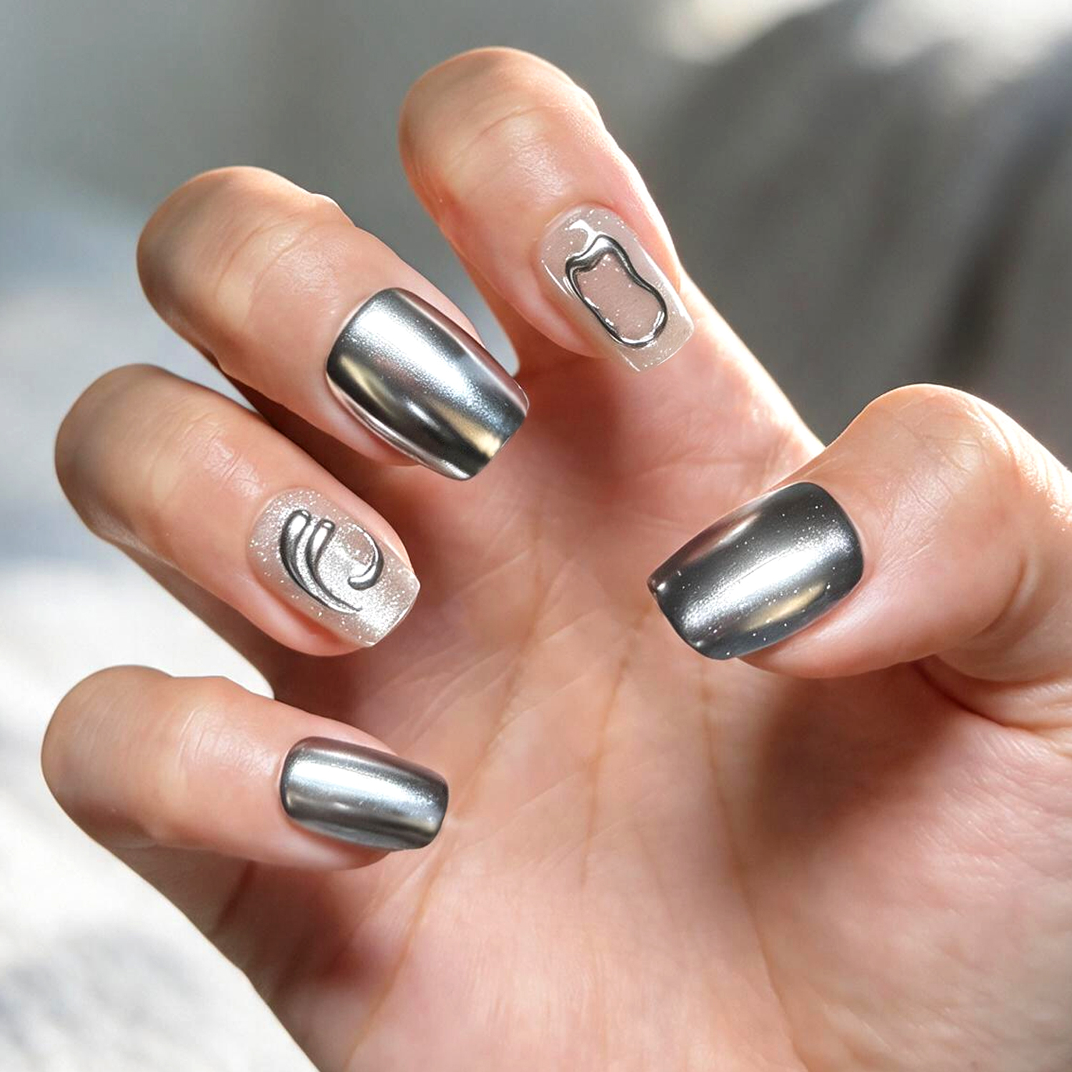 Dark Silver Rhinestone Checkered|Reusable Press On